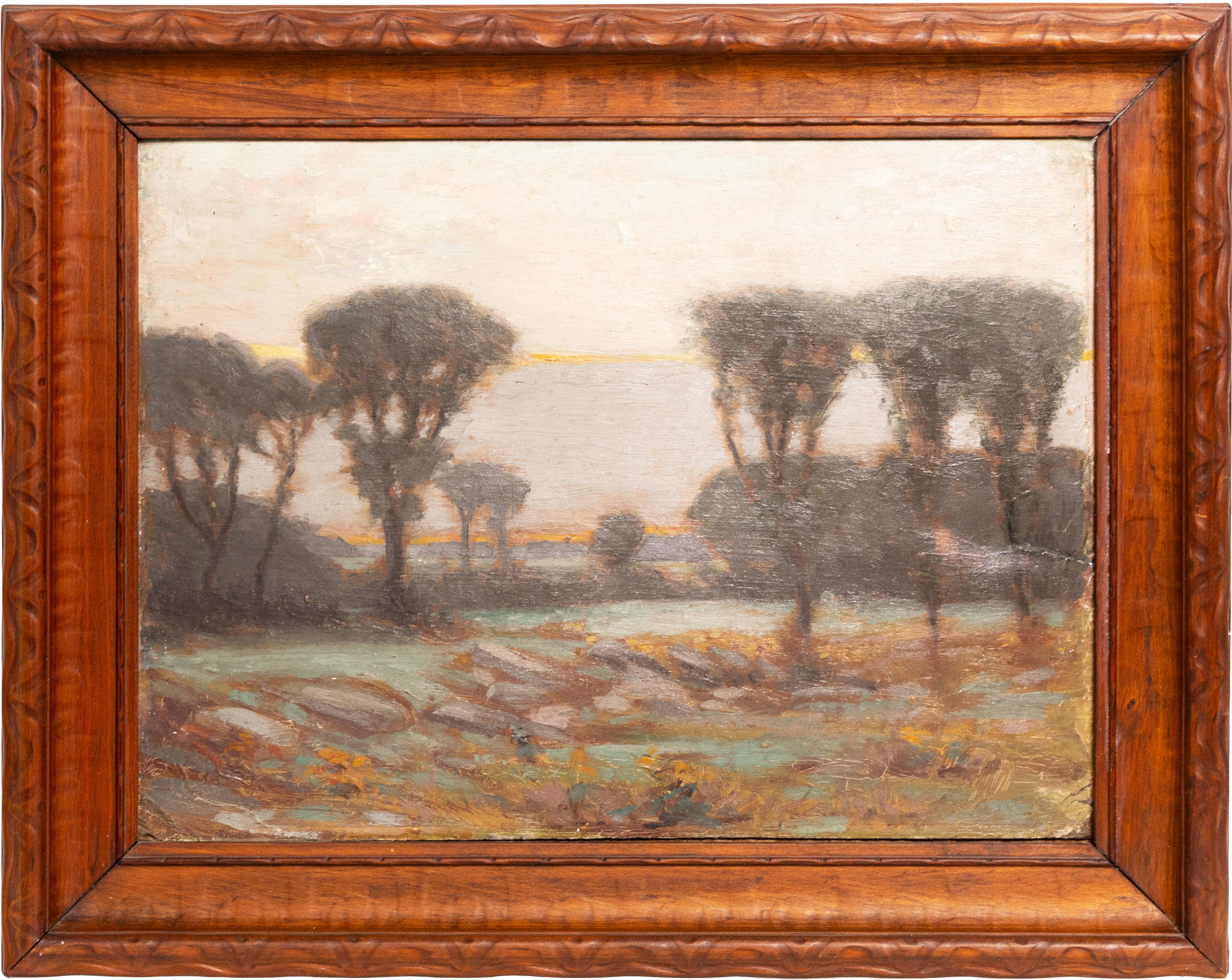 Antique American Tonalist Sunset Landscape Framed Impressionist Sunset Painting