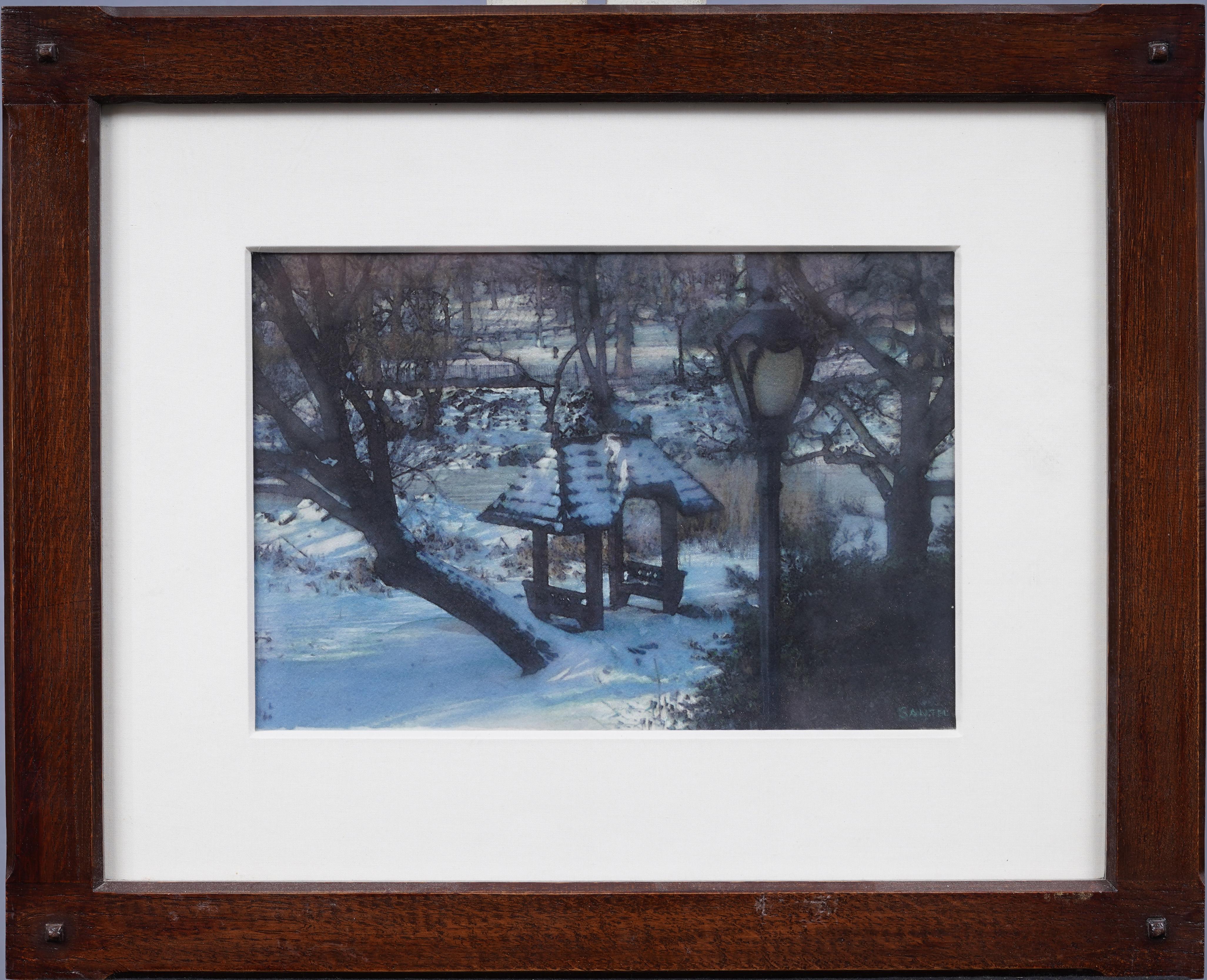Antiguo trampantojo realista americano Nieve invernal Paisaje de la glorieta de Central Park - Painting de Unknown