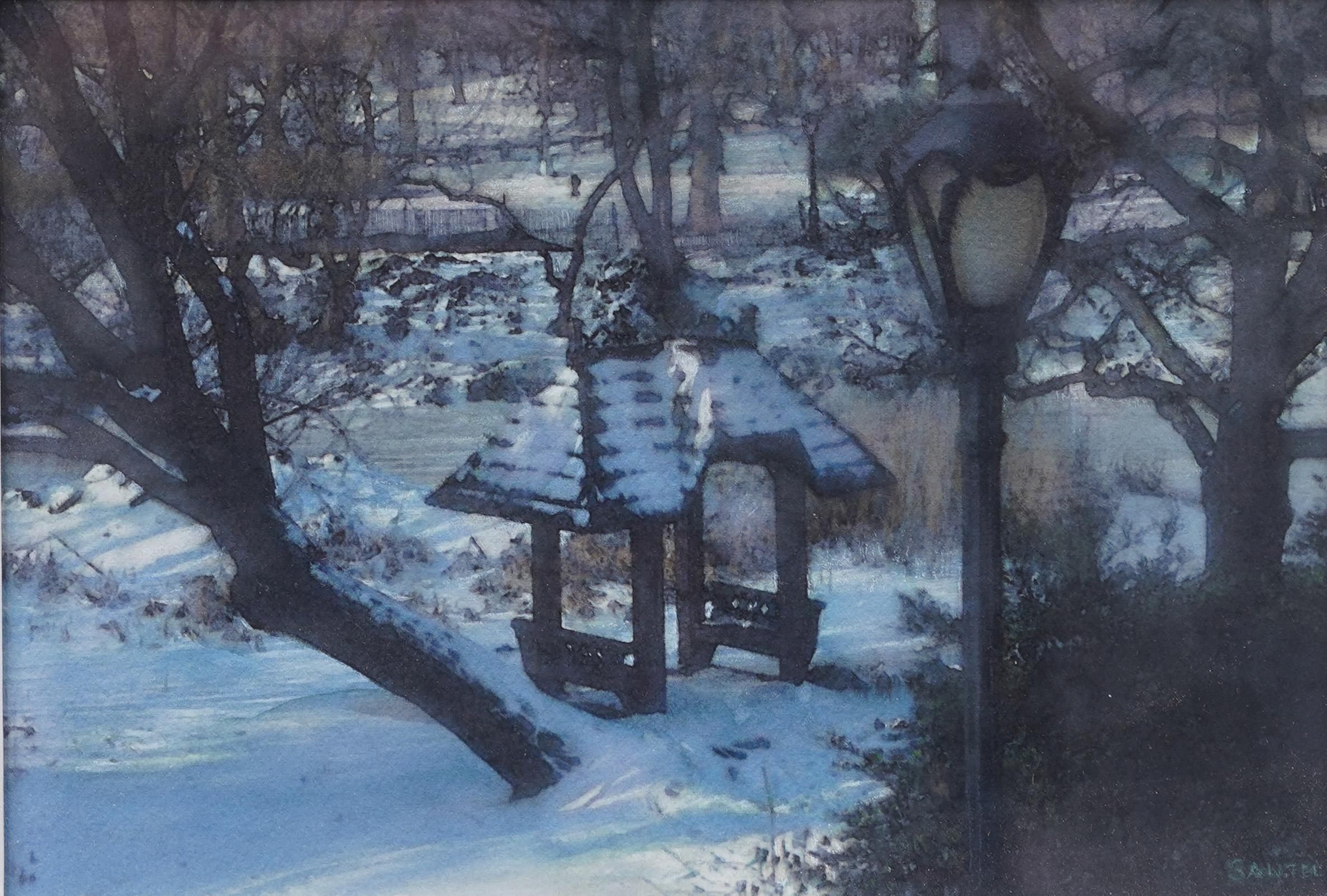 Antiguo trampantojo realista americano Nieve invernal Paisaje de la glorieta de Central Park - Painting Realista de Unknown