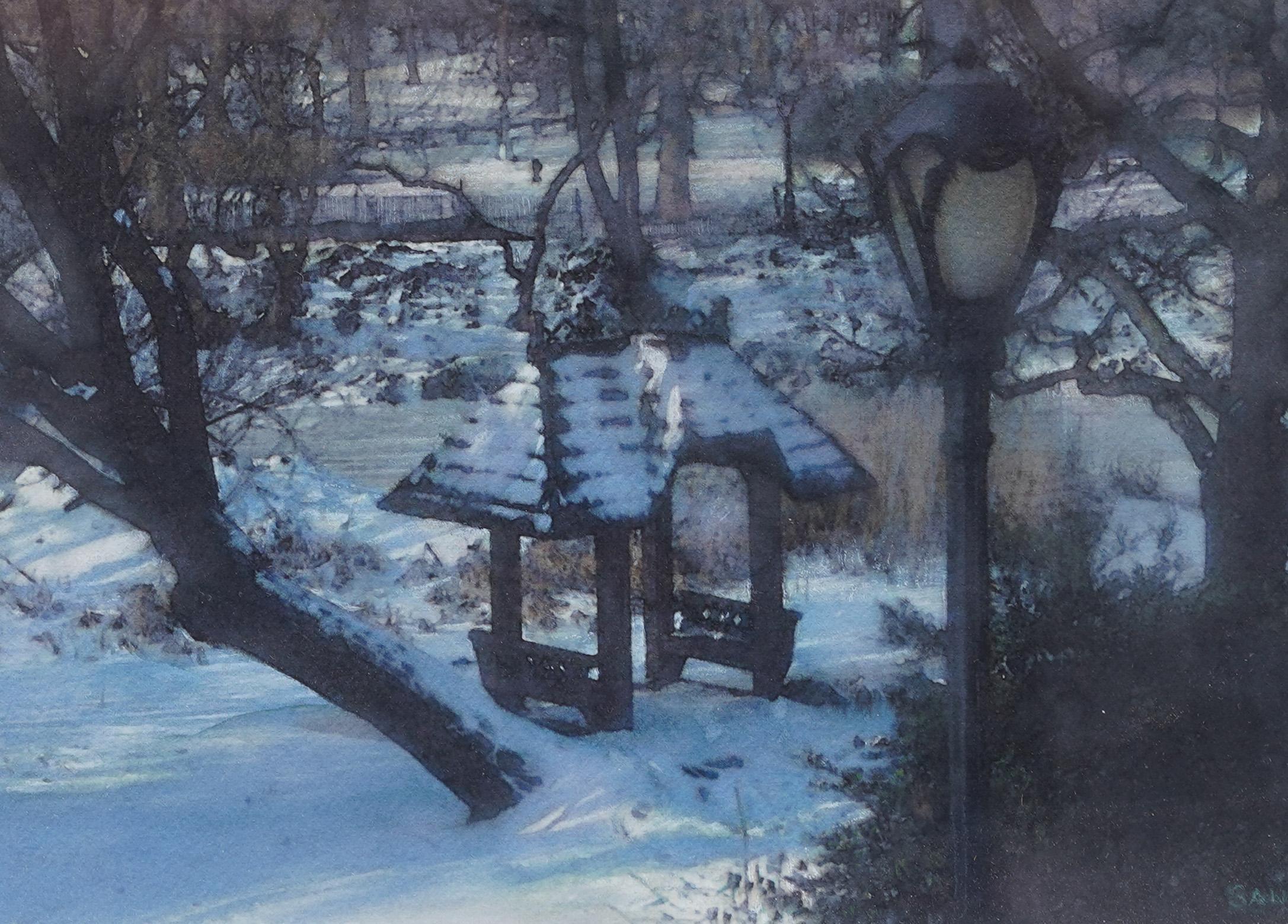 Antiguo trampantojo realista americano Nieve invernal Paisaje de la glorieta de Central Park - Landscape Painting Negro de Unknown