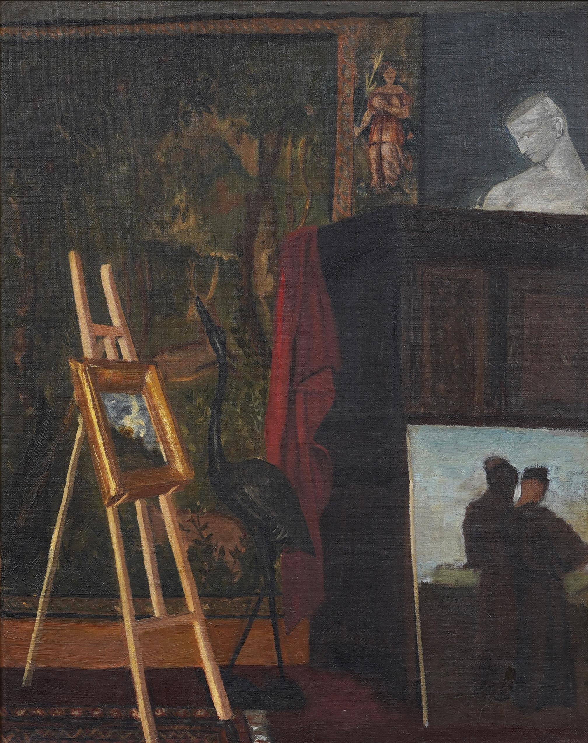 Impresionante pintura al óleo de una escena interior americana temprana.  Enmarcado.  Óleo sobre lienzo.  Tamaño de la imagen, 20H por 16L.