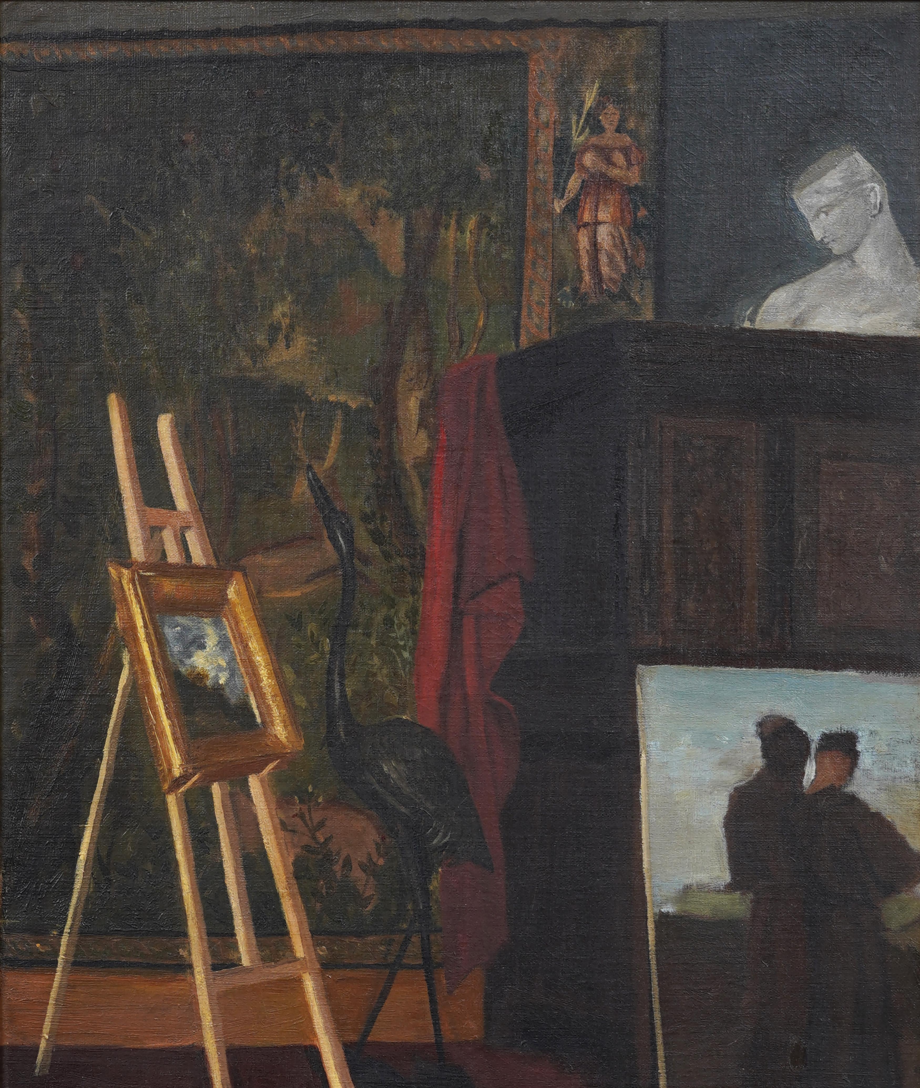 Antiguo cuadro al óleo americano Trompe L'Oil Interior Scene Finely Framed 19th C Oil Painting en venta 1