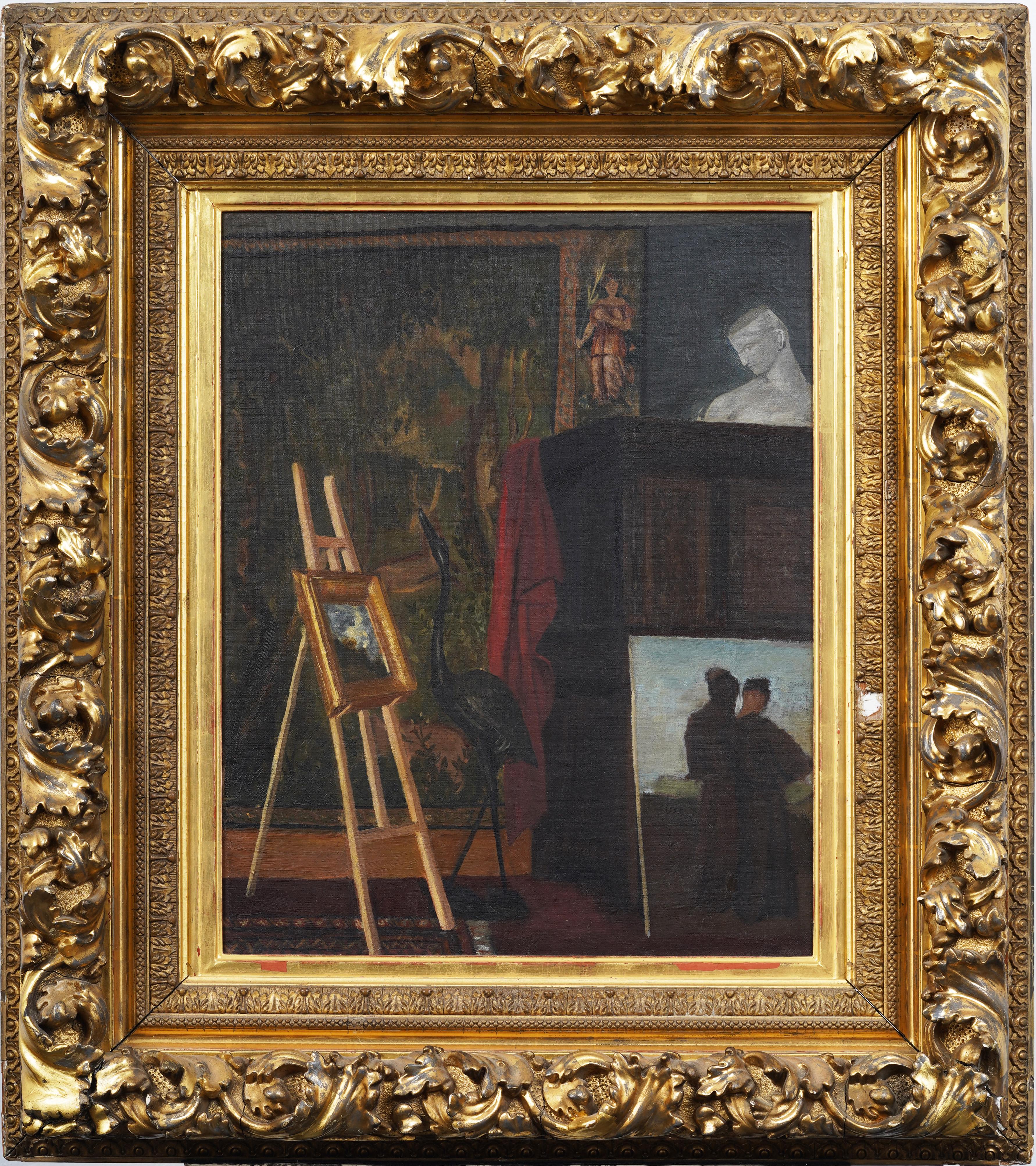 Interior Painting de Unknown - Antiguo cuadro al óleo americano Trompe L'Oil Interior Scene Finely Framed 19th C Oil Painting