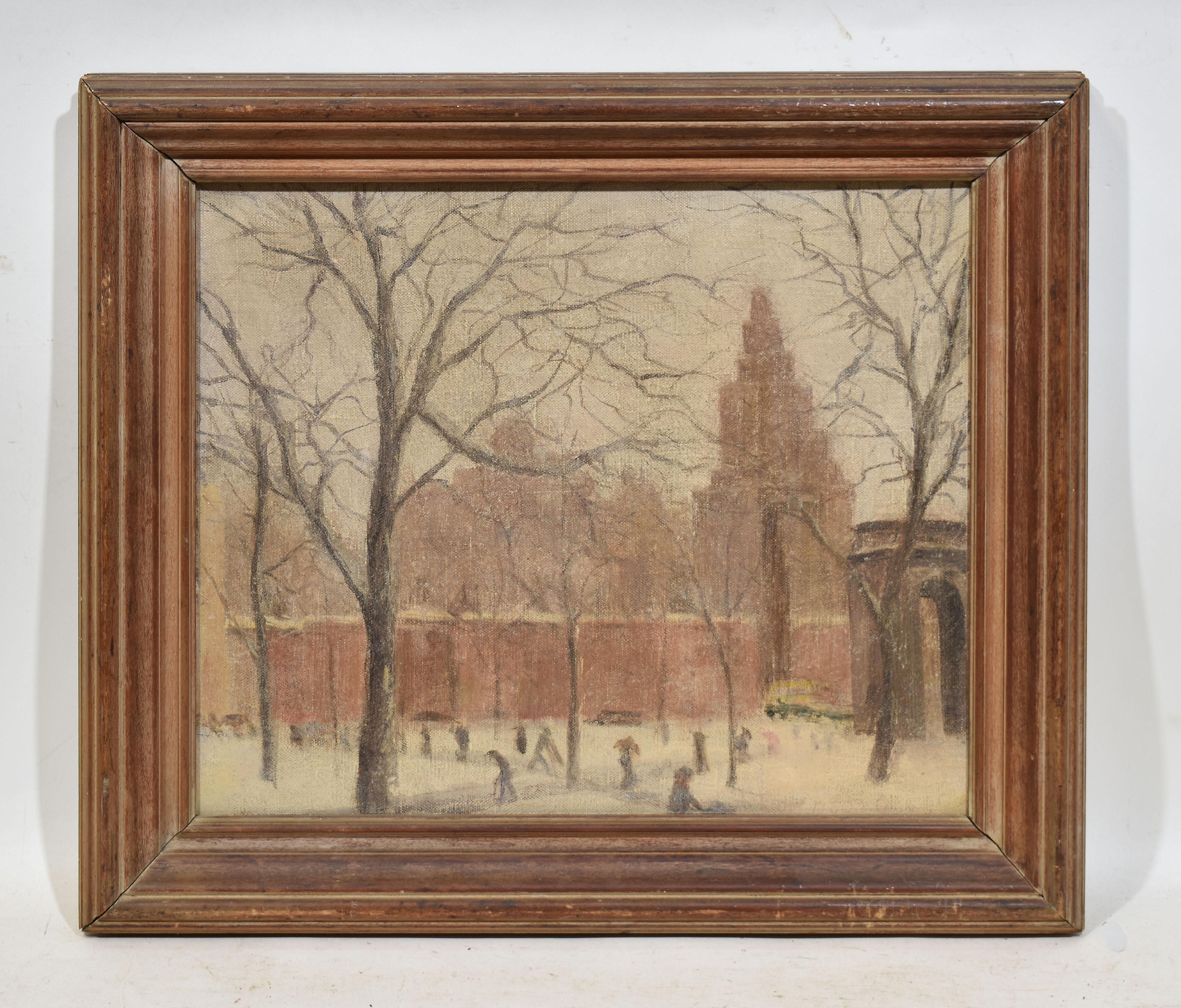 Antique American Winter Impressionist Ashcan Cityscape of Washington Square Park - Painting by Unknown