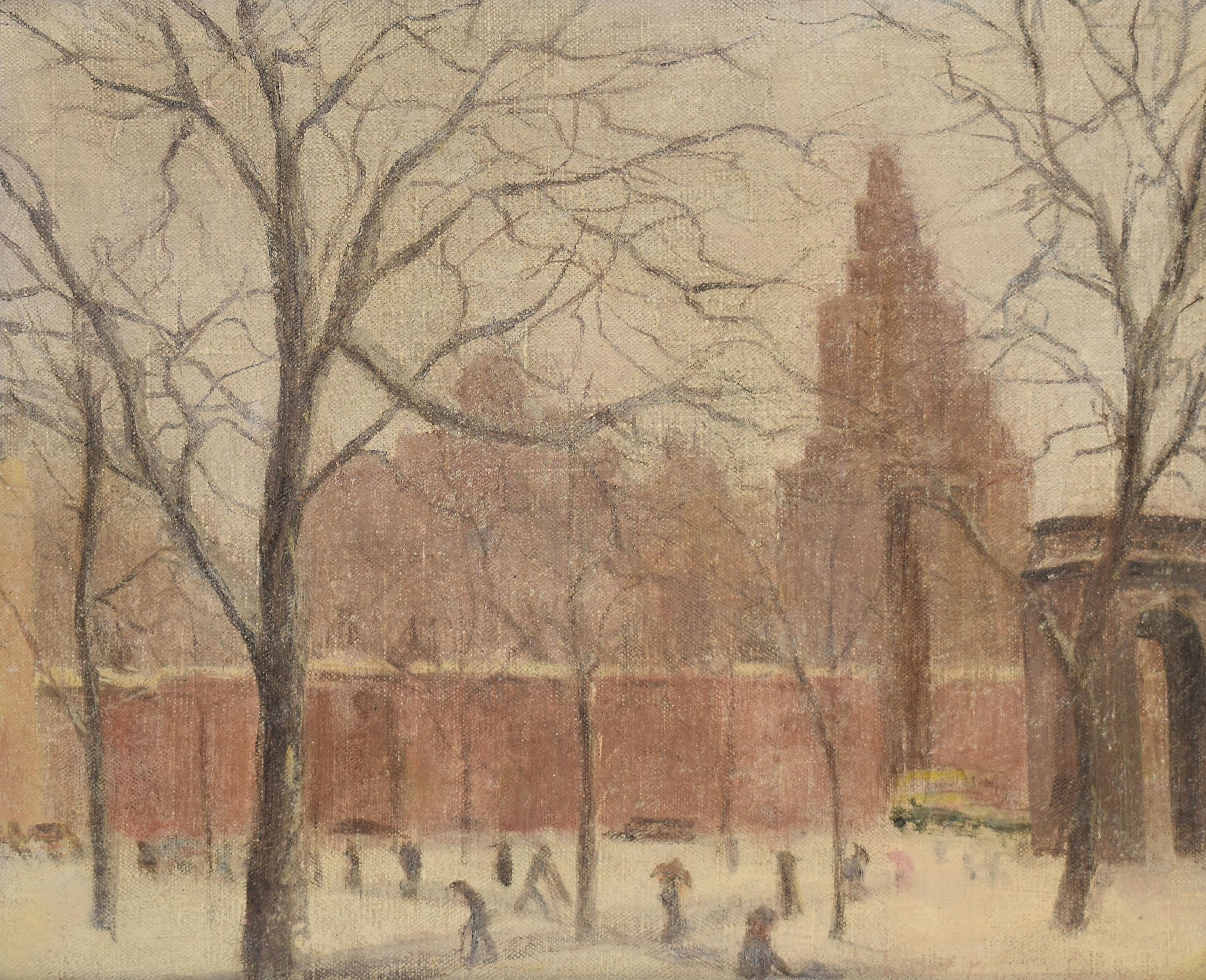 Antique American Winter Impressionist Ashcan Cityscape of Washington Square Park - Brown Landscape Painting by Unknown