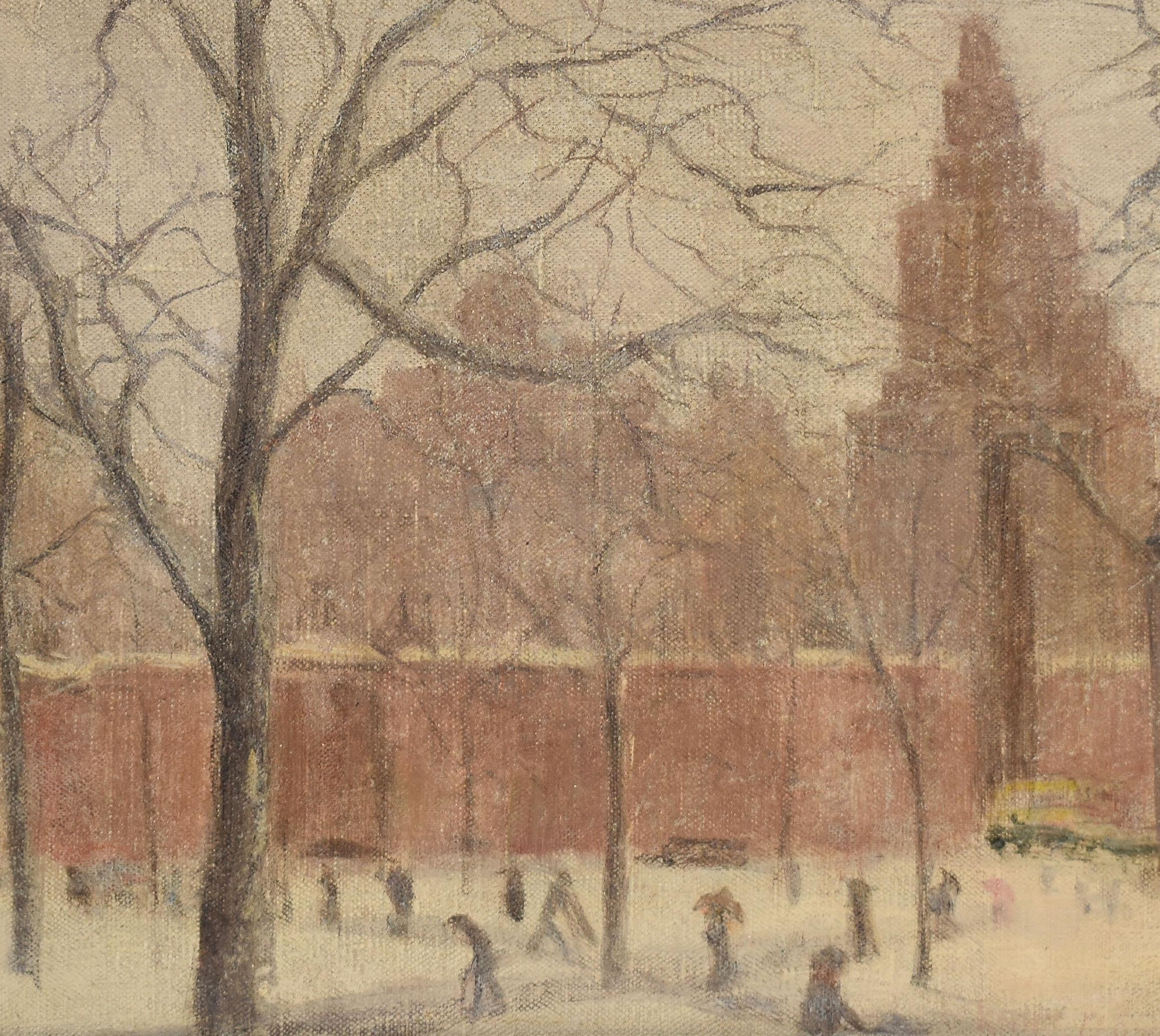 Impressionist winter cityscape painting of New York City's Washington Square Park.  Oil on canvas, circa 1910.  Displayed in a period impressionist frame.  Image size, 14
