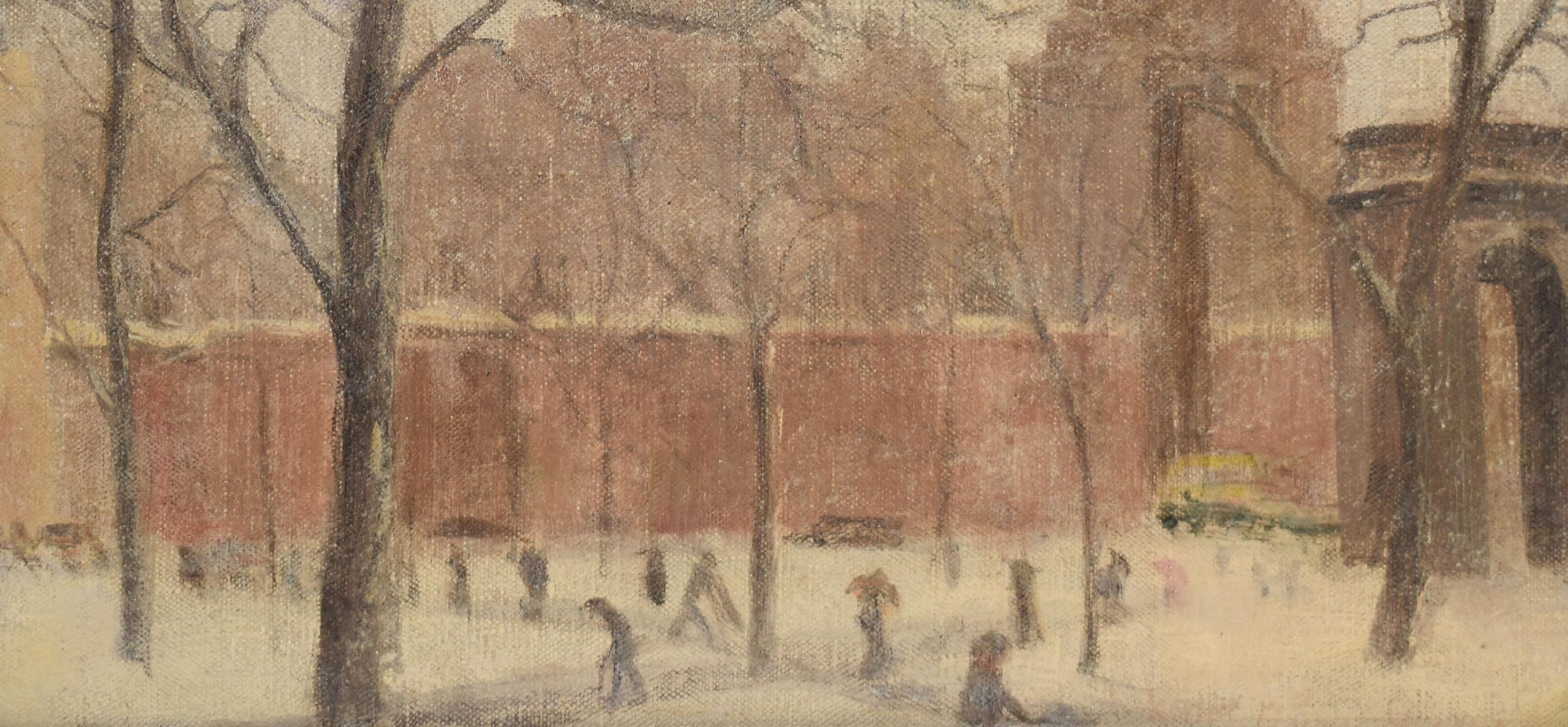 Antique American Winter Impressionist Ashcan Cityscape of Washington Square Park 1