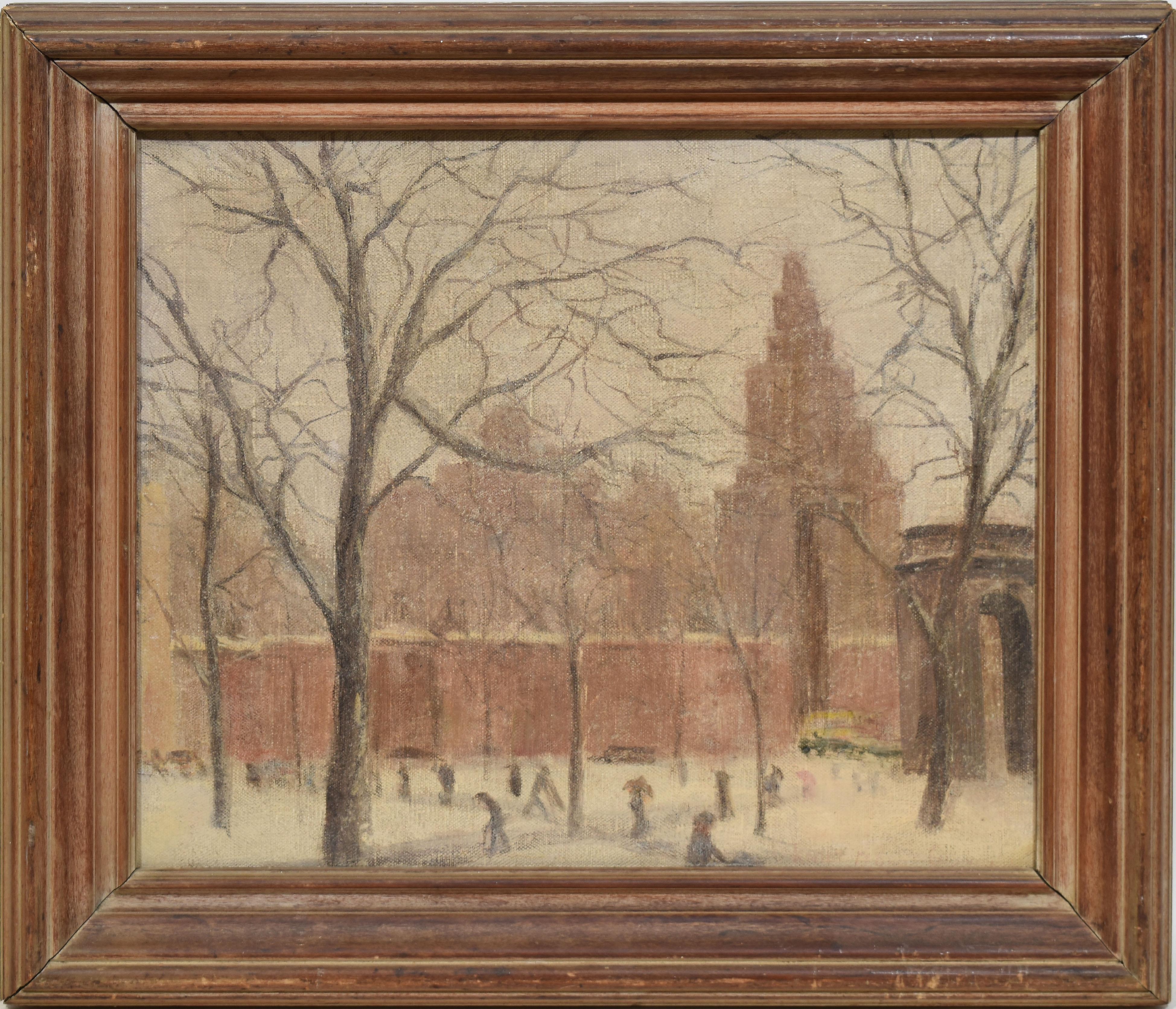 Unknown Landscape Painting - Antique American Winter Impressionist Ashcan Cityscape of Washington Square Park