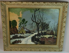 Antique American Winter Landscape Oil Painting of an Old New England Village