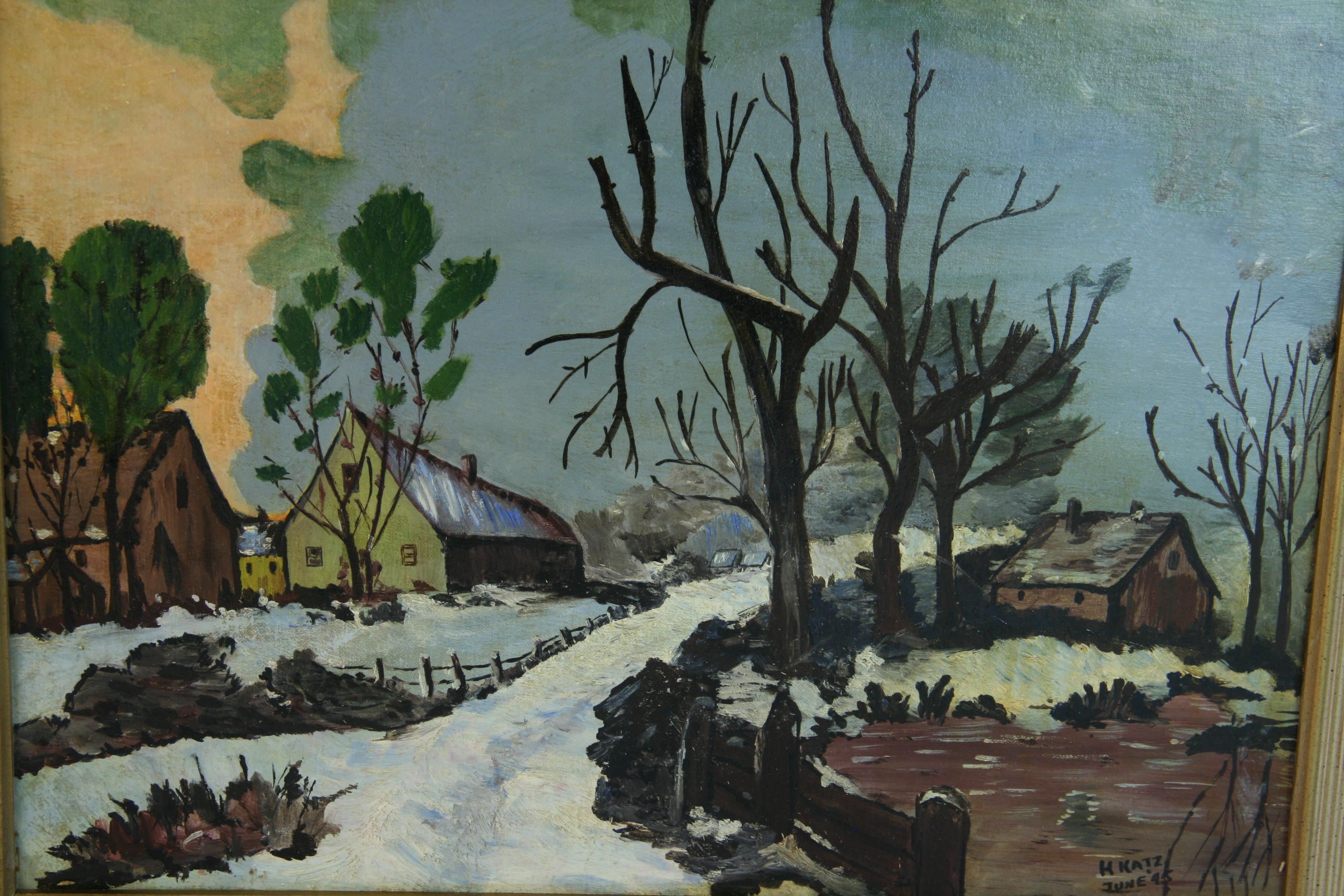 Antico dipinto ad olio di paesaggio invernale americano di un vecchio villaggio del New England - Landscape Painting Grigio di Unknown