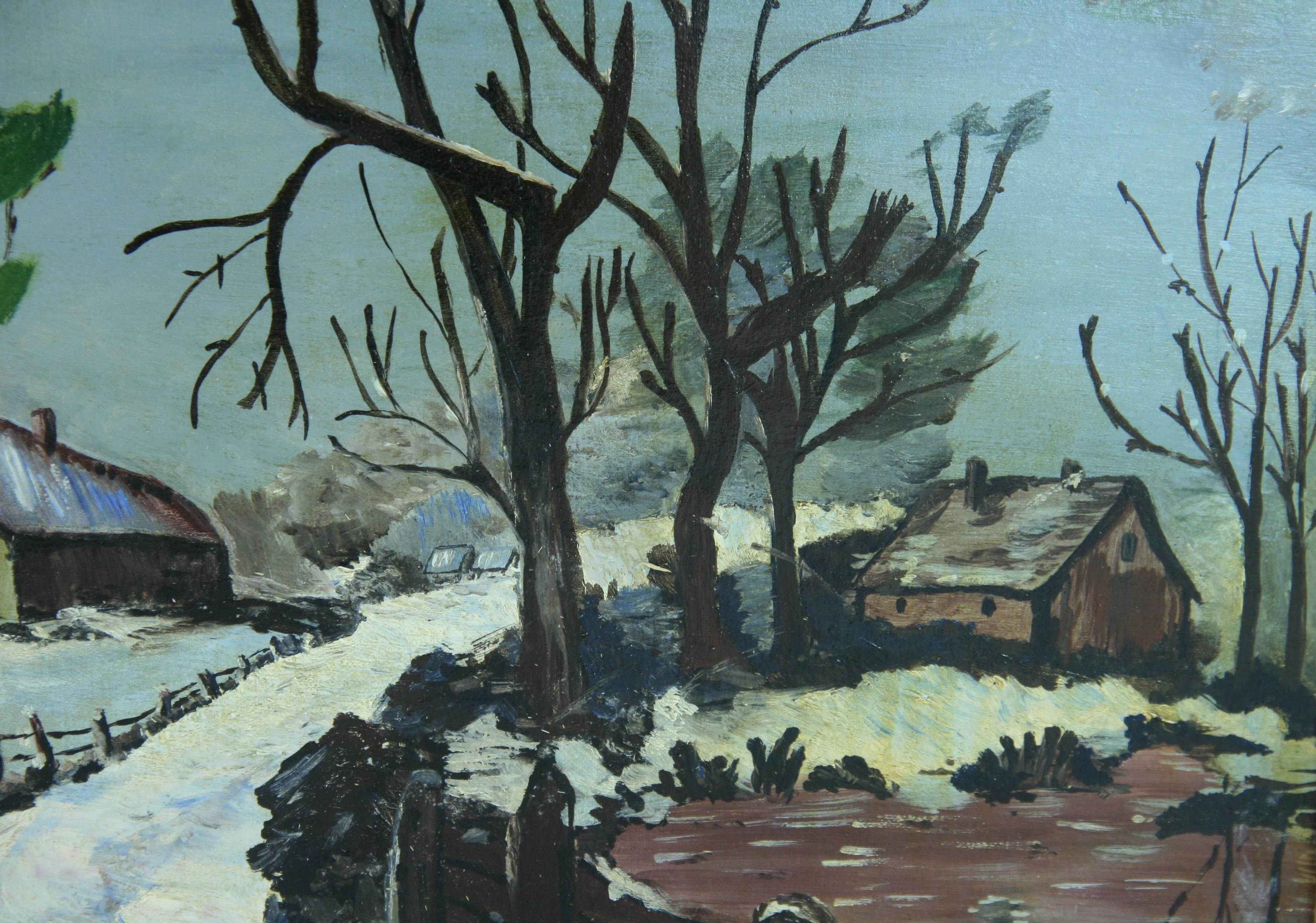 Antico dipinto ad olio di paesaggio invernale americano di un vecchio villaggio del New England in vendita 2