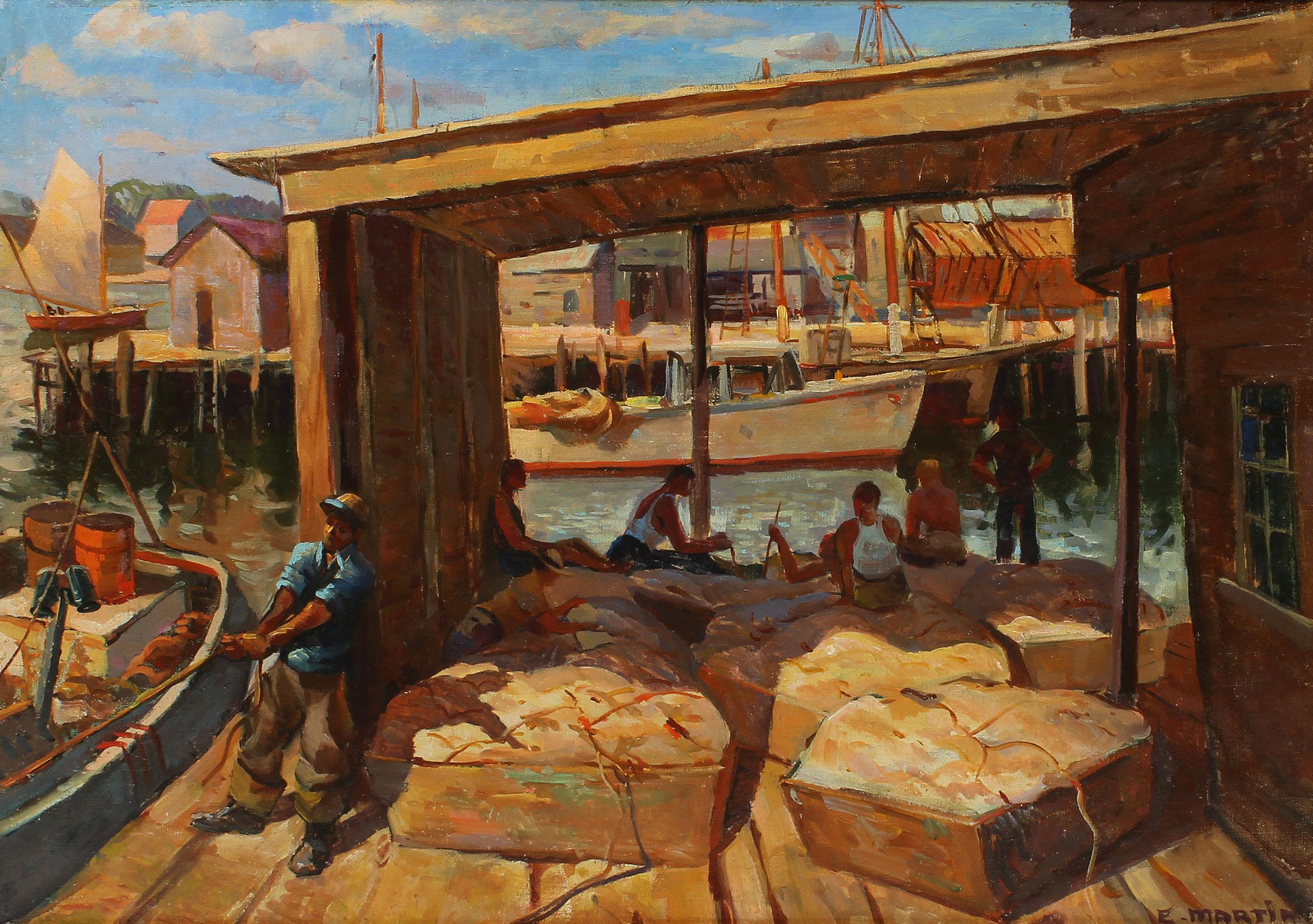 Antique American modernist wpa fishing dock oil painting.  Oil on board, circa 1940. Signed lower right.  Displayed in a period modern frame.  Image, 24