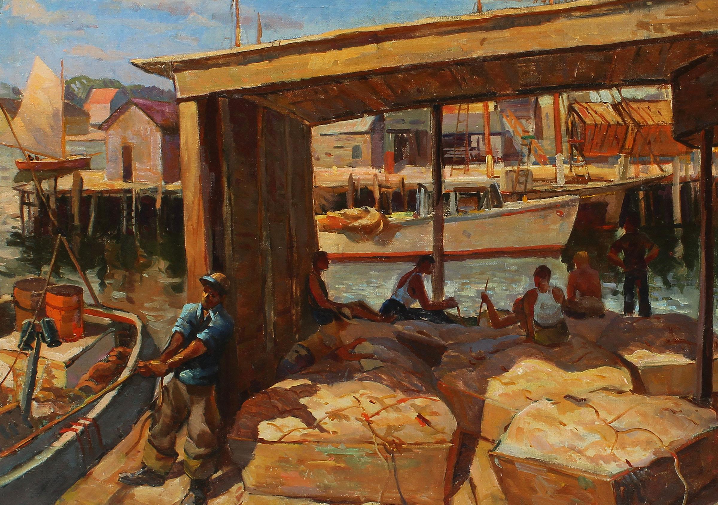 Antique American WPA Ashcan School Dockworkers Signed  Modern Fish Oil Painting 1
