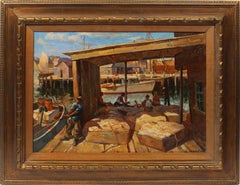Antique American WPA Ashcan School Dockworkers Signed  Modern Fish Oil Painting
