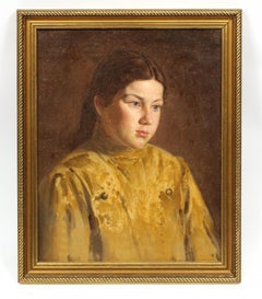Antica ragazza americana del 1900, dipinto a olio, ritratto, raro, incorniciato in oro giallo