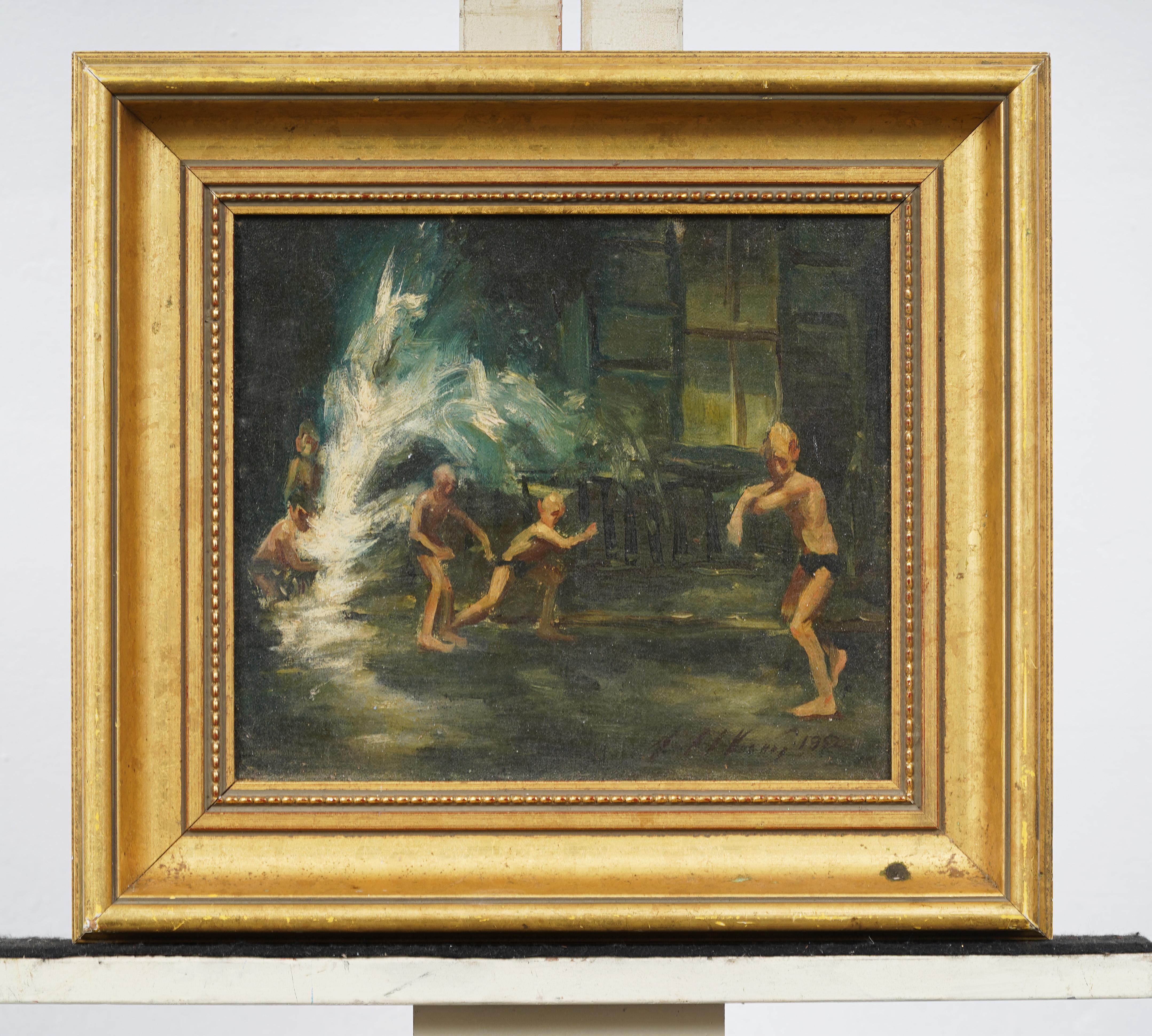 Unknown Landscape Painting - Antique Ashcan School Modernist New York Street Scene Rare "Fire Hydrant Pool"