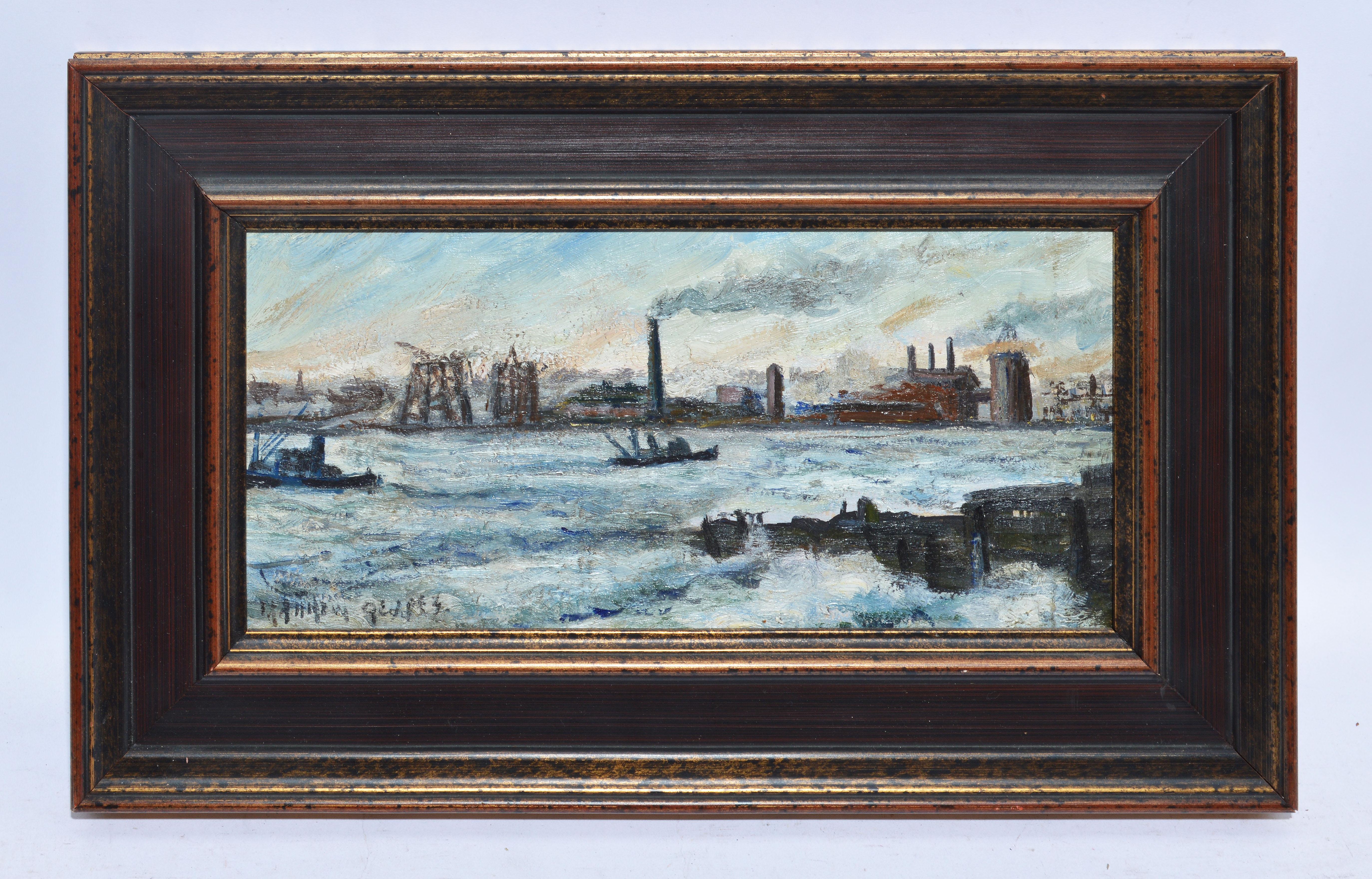 Antique Ashcan School Modernist Oil Painting of an Industrial Harbor in Winter - Black Landscape Painting by Unknown