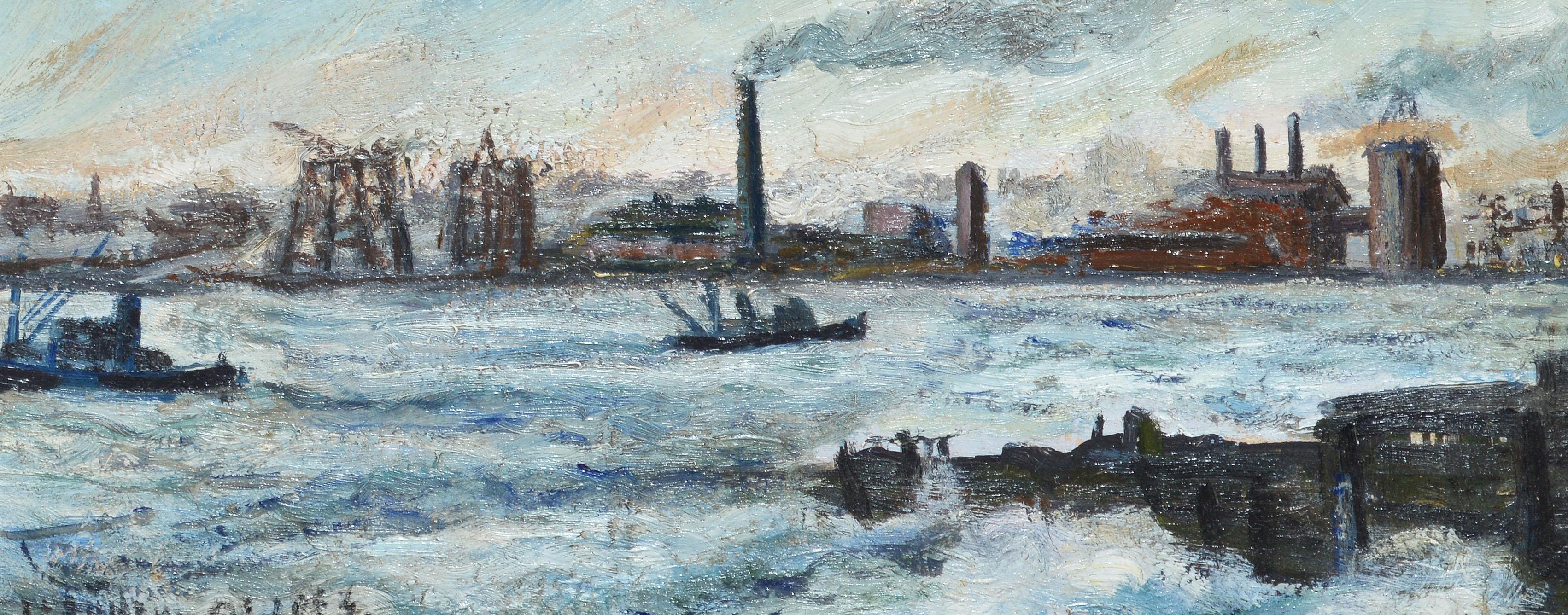 Antique Ashcan School Modernist Oil Painting of an Industrial Harbor in Winter 1