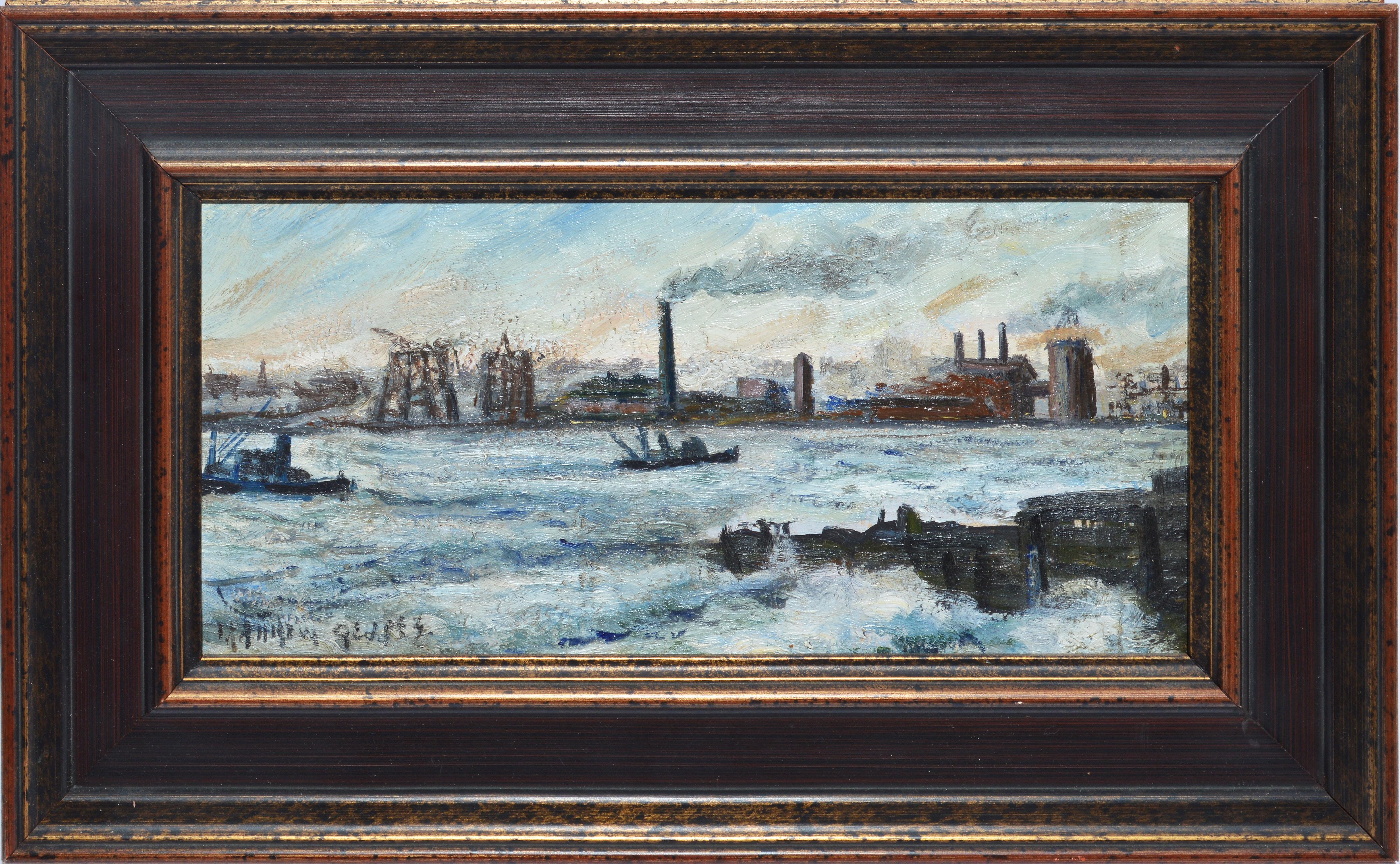 Unknown Landscape Painting - Antique Ashcan School Modernist Oil Painting of an Industrial Harbor in Winter