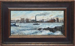 Antique Ashcan School Modernist Oil Painting of an Industrial Harbor in Winter