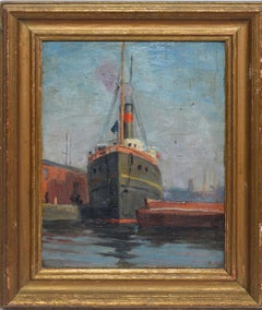 Antique Ashcan School New York Harbor View Impressionist Oil Painting