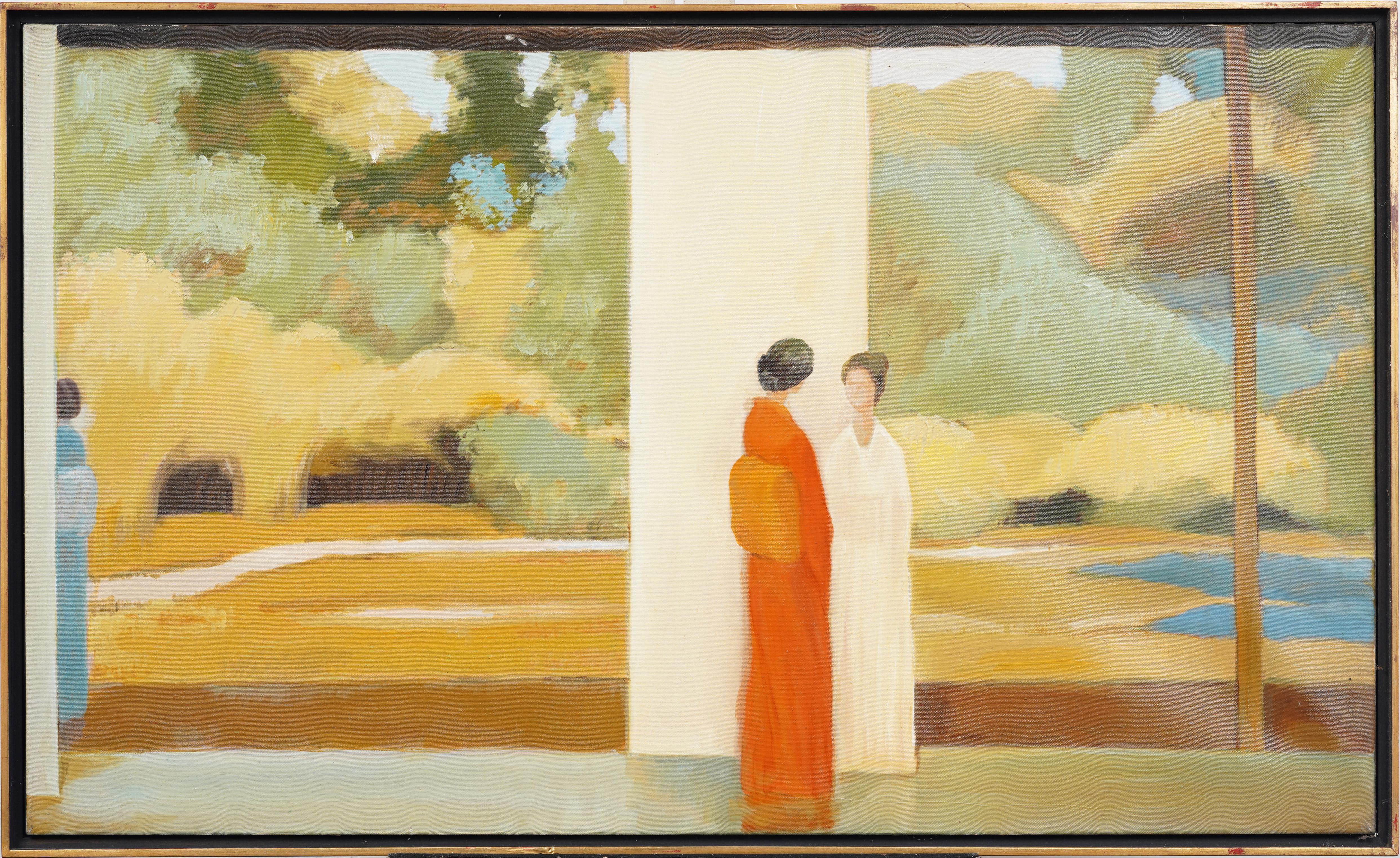 Antique Asian Impressionist Framed Landscape Interior with Women Oil Painting - Beige Figurative Painting by Unknown