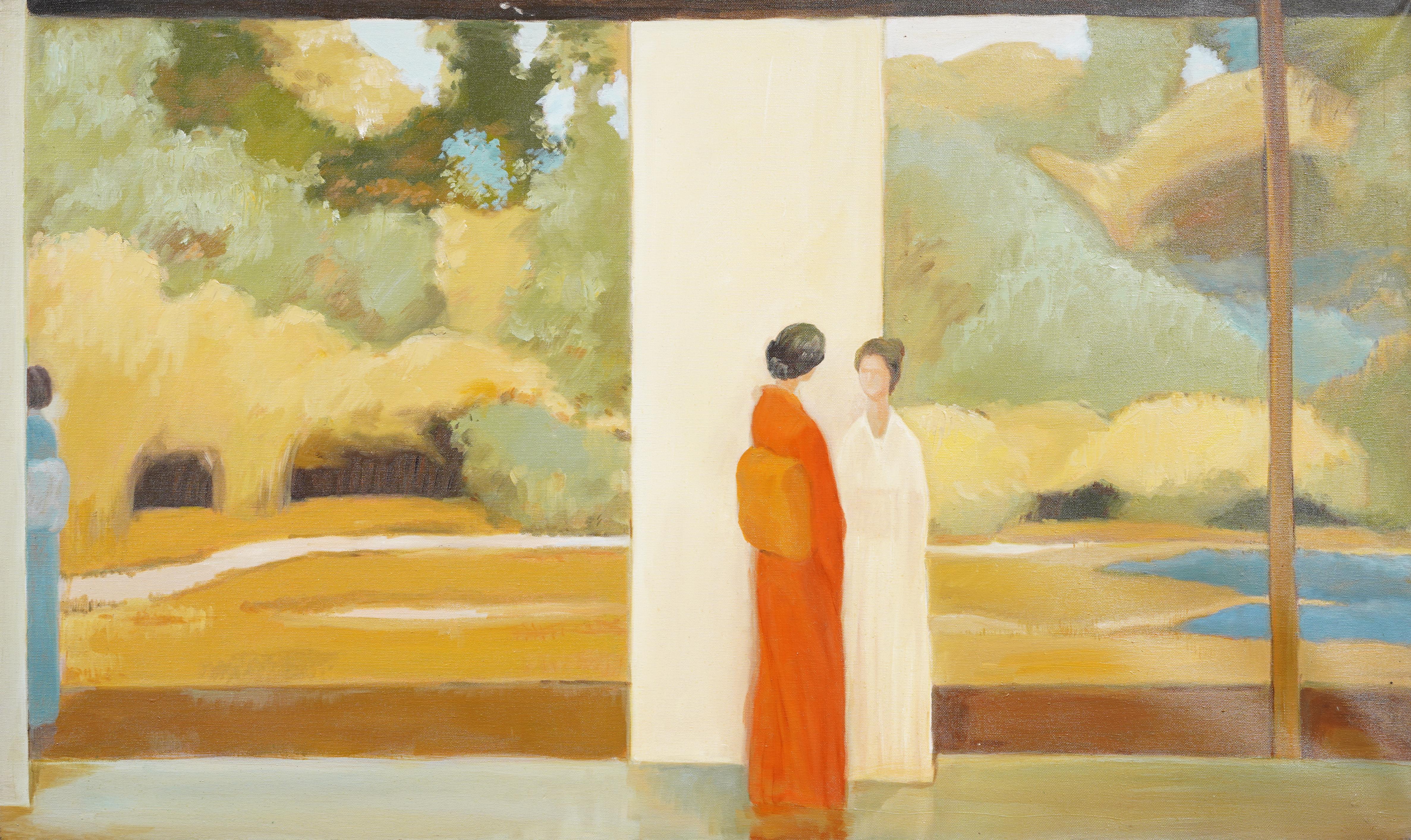 Antique European interior view painting.   Framed.  Oil on canvas.  Measuring 25 by 41 inches overall and 24 by 40 painting alone. In excellent original condition. Handsomely framed in a gold floating style molding.  Excellent condition, ready to