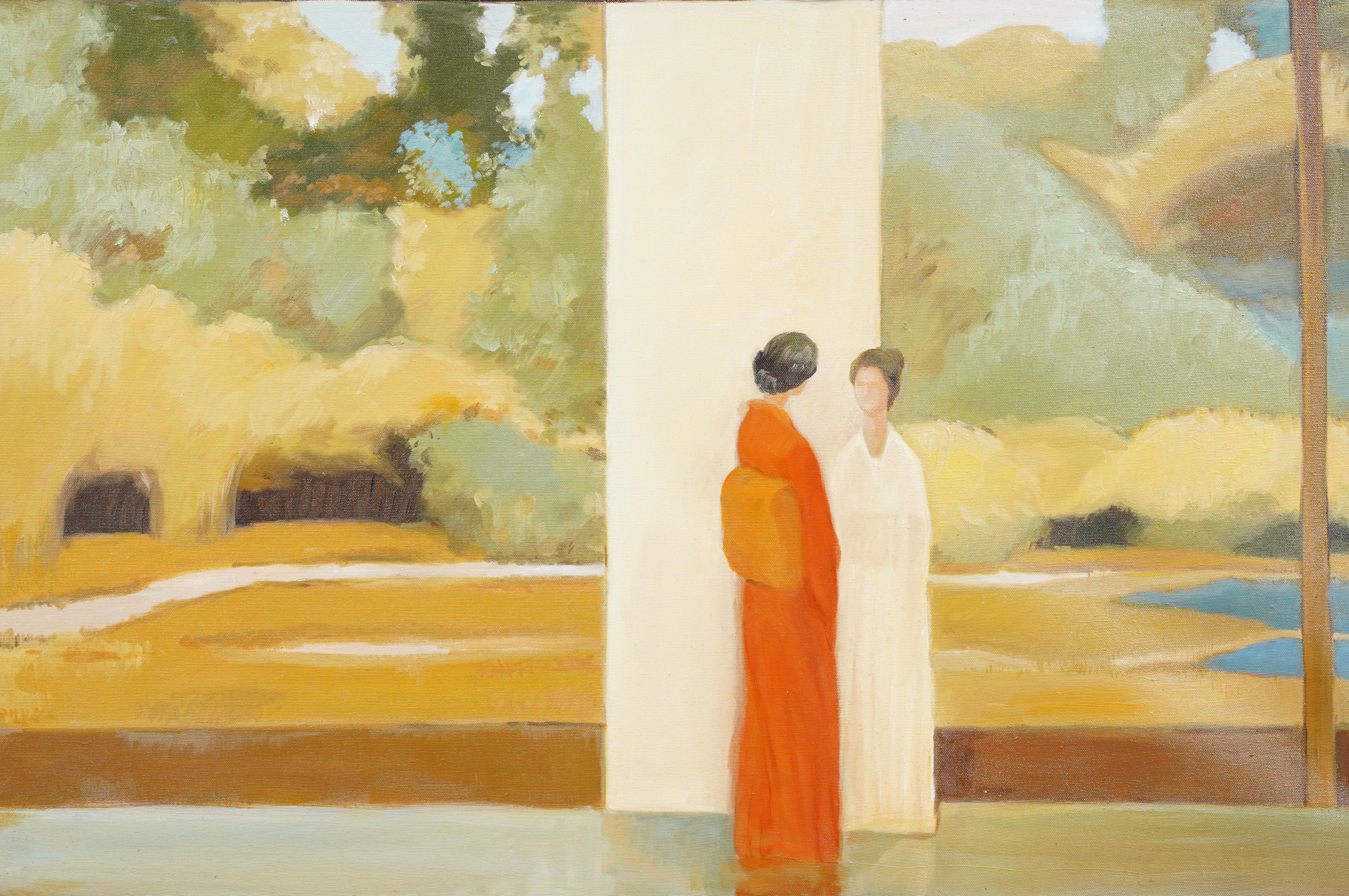 Antique Asian Impressionist Framed Landscape Interior with Women Oil Painting 2