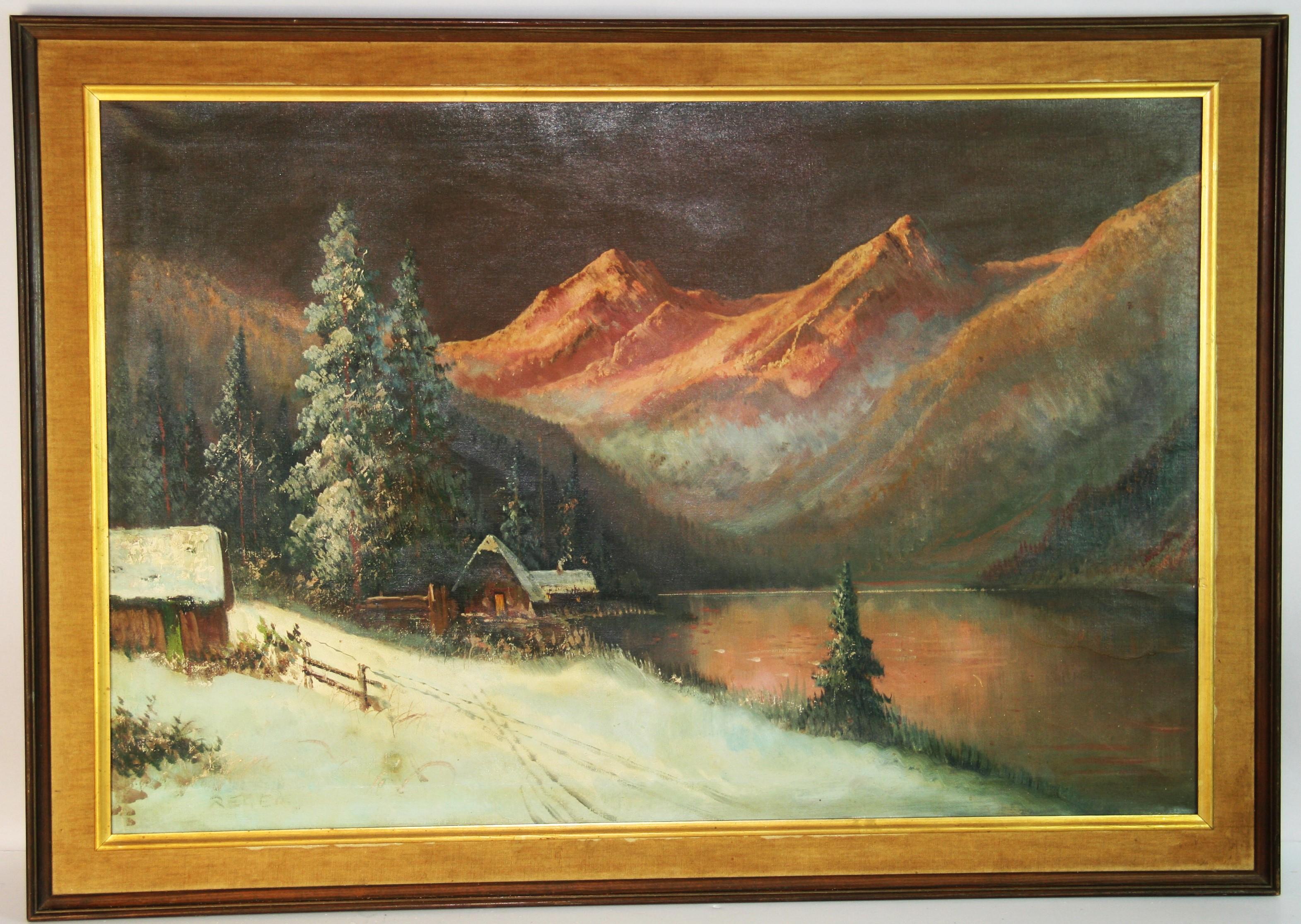 Antico dipinto ad olio austriaco di paesaggio di grandi dimensioni  Tramonto sulle montagne  1940's - Painting di Unknown
