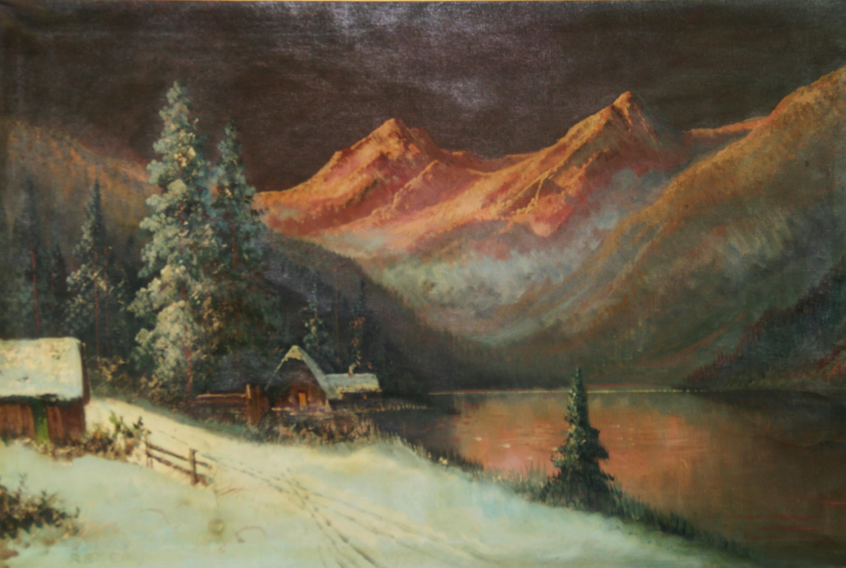 Antico dipinto ad olio austriaco di paesaggio di grandi dimensioni  Tramonto sulle montagne  1940's - Landscape Painting Marrone di Unknown