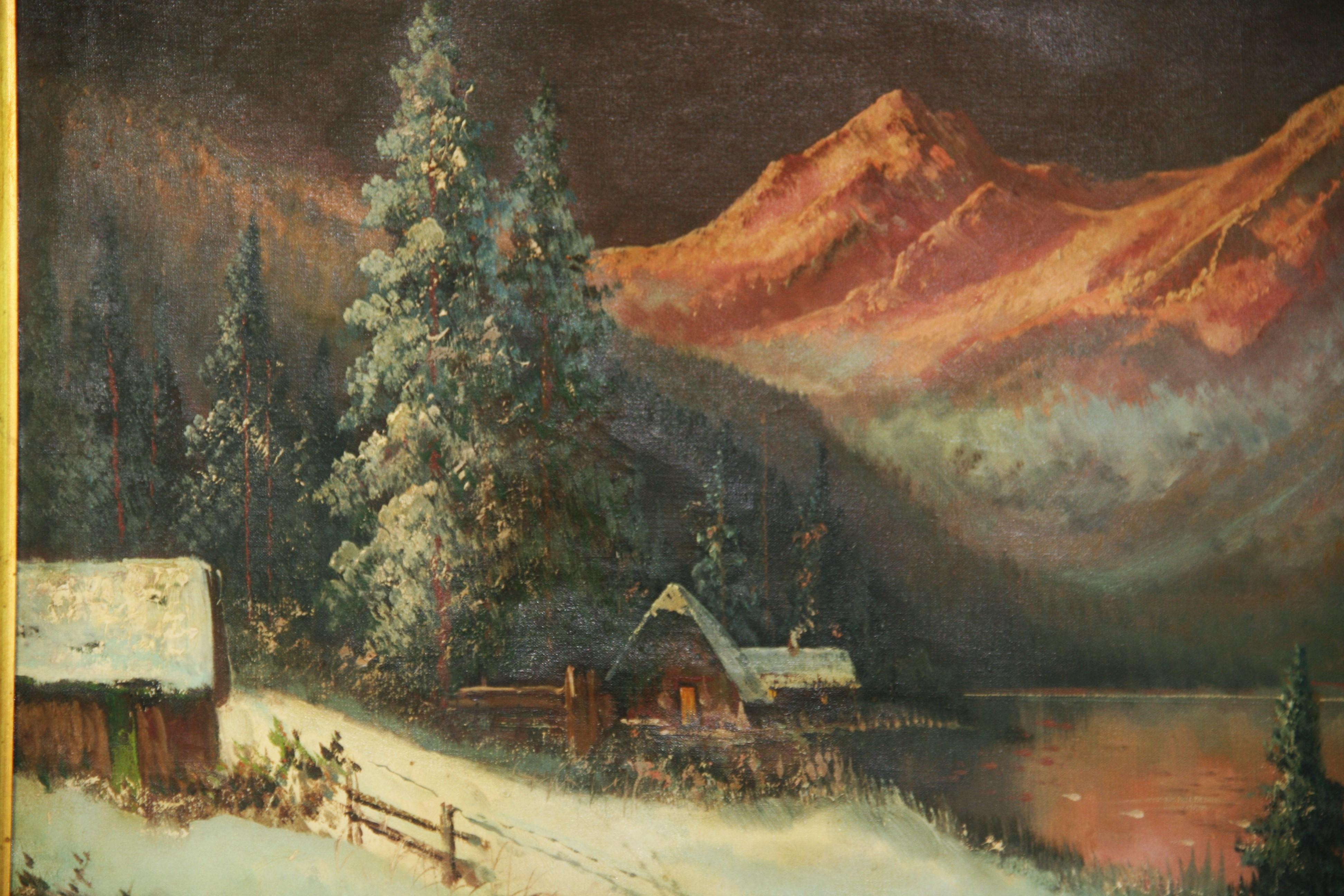 Antico dipinto ad olio austriaco di paesaggio di grandi dimensioni  Tramonto sulle montagne  1940's in vendita 1