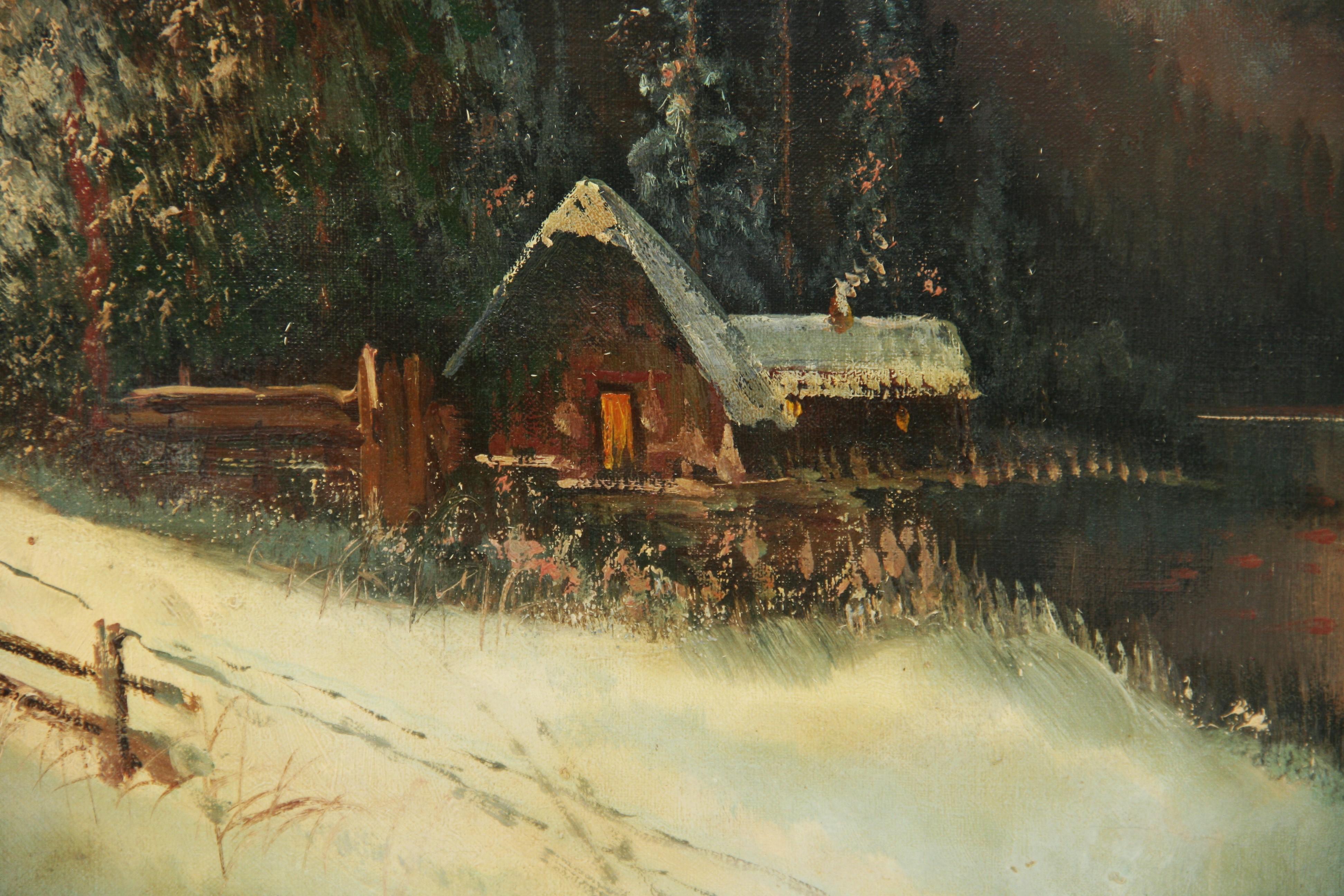 Antico dipinto ad olio austriaco di paesaggio di grandi dimensioni  Tramonto sulle montagne  1940's in vendita 3