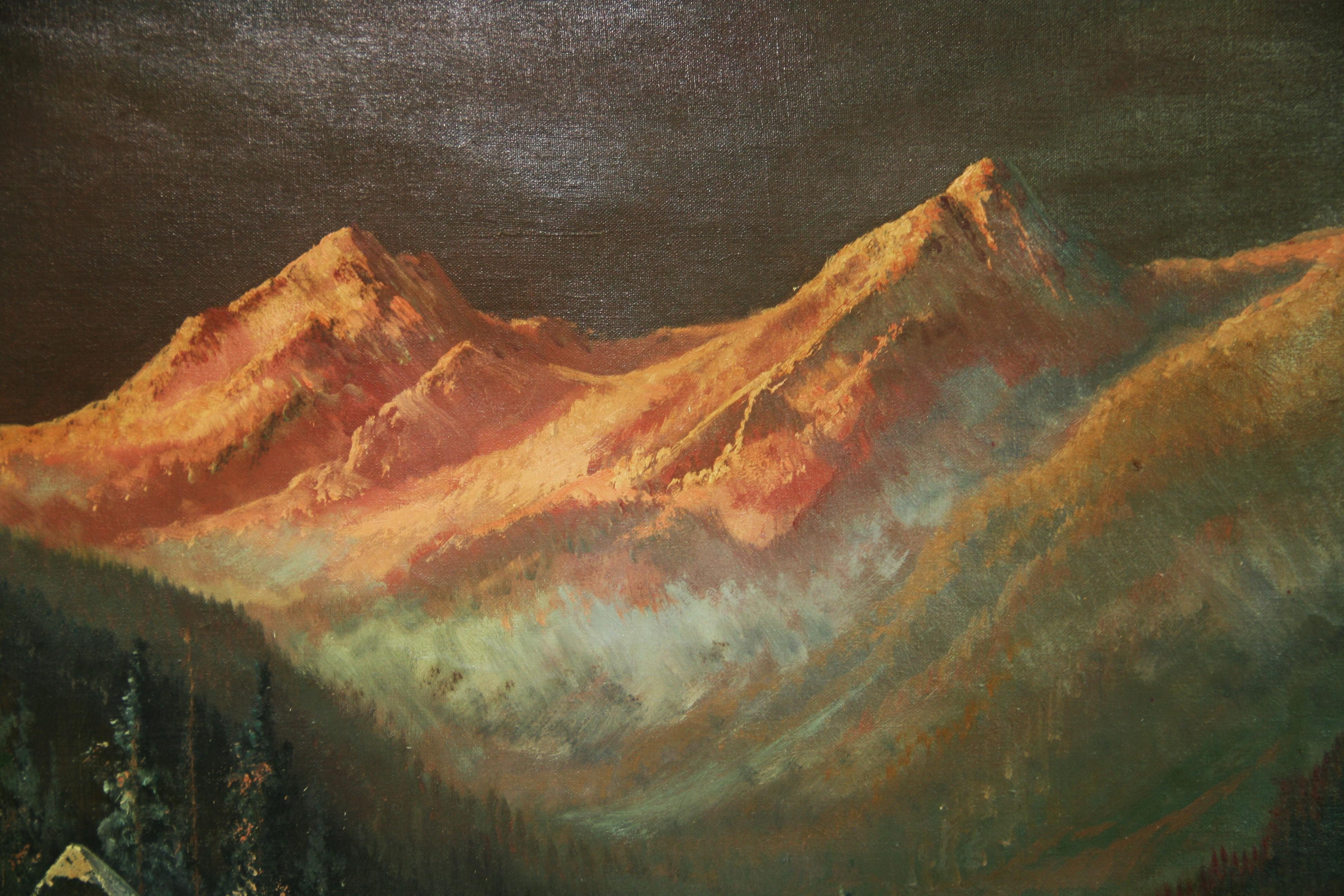 Antico dipinto ad olio austriaco di paesaggio di grandi dimensioni  Tramonto sulle montagne  1940's in vendita 4