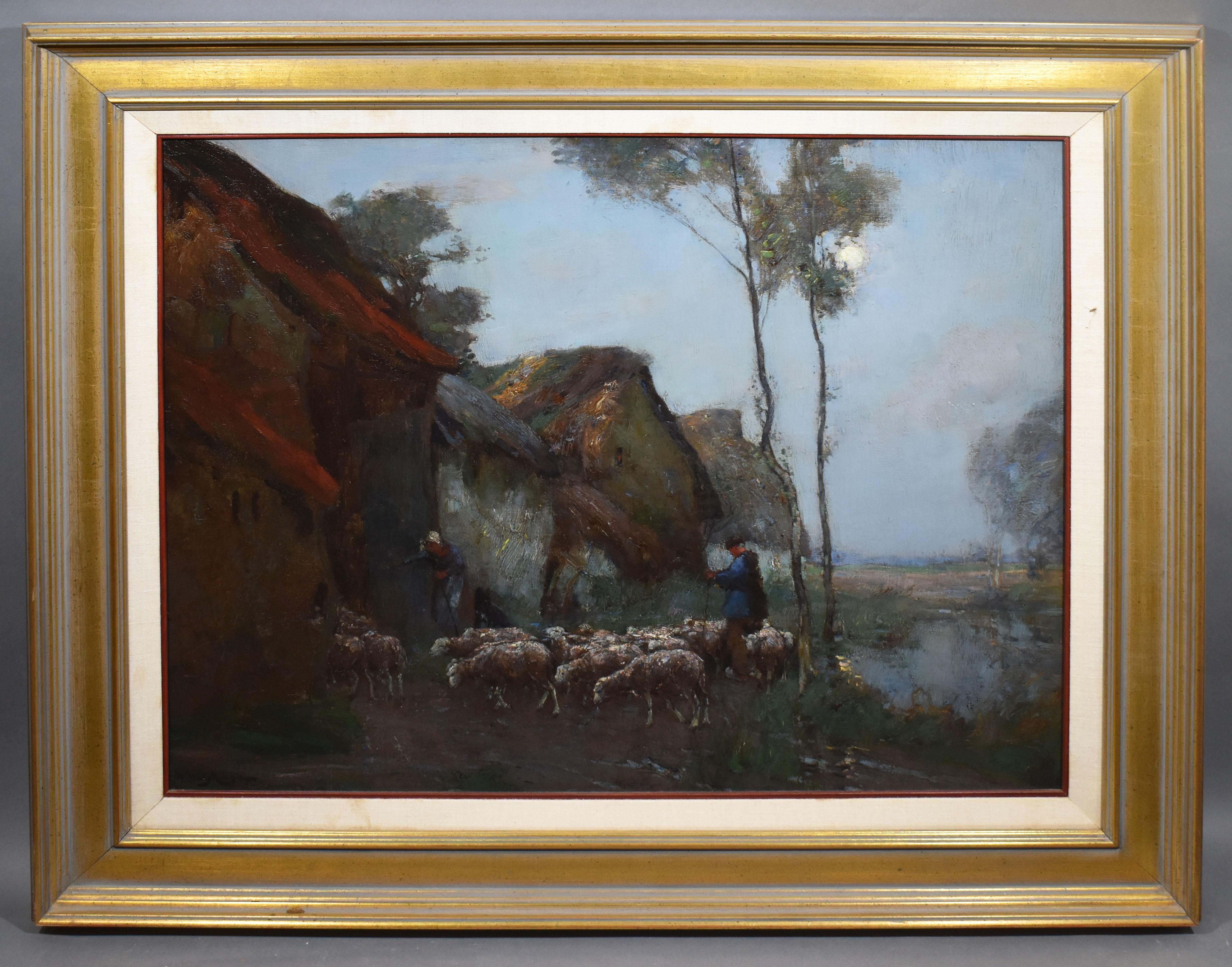 Antique Barbizon School Moonlit Sheepherding Landscape Signed Large Oil Painting - Brown Landscape Painting by Unknown
