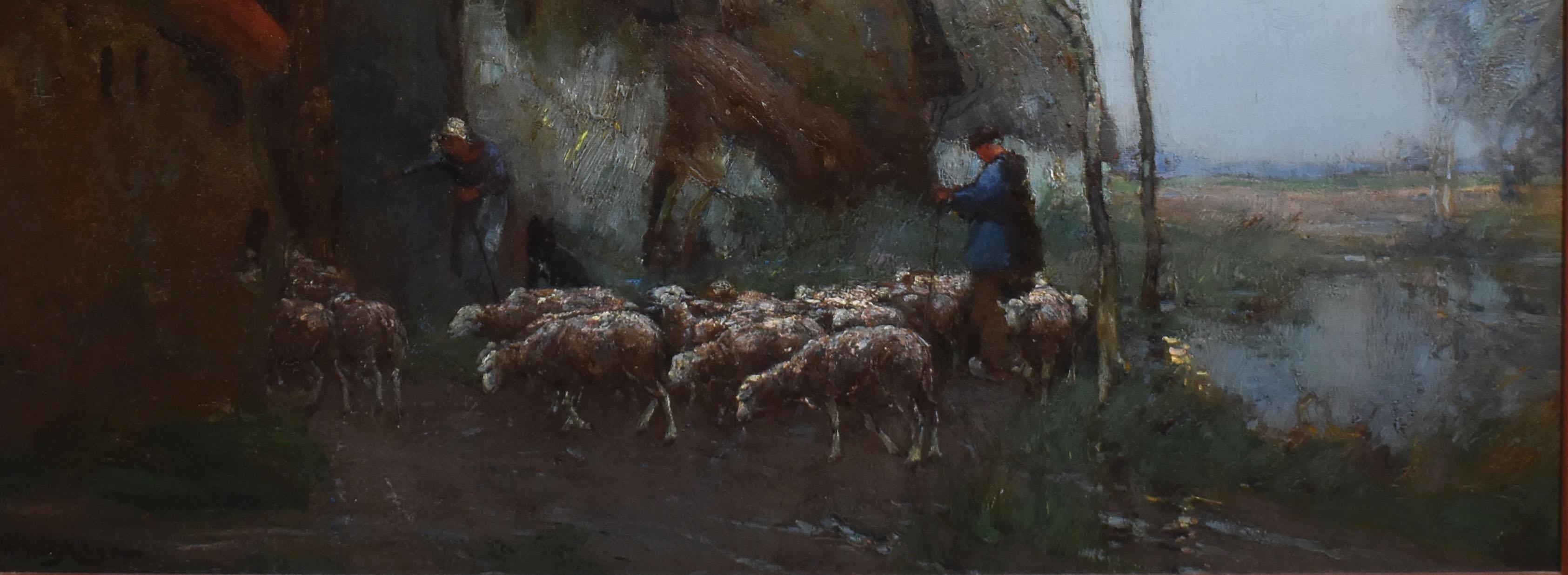 Antique Barbizon School Moonlit Sheepherding Landscape Signed Large Oil Painting 1