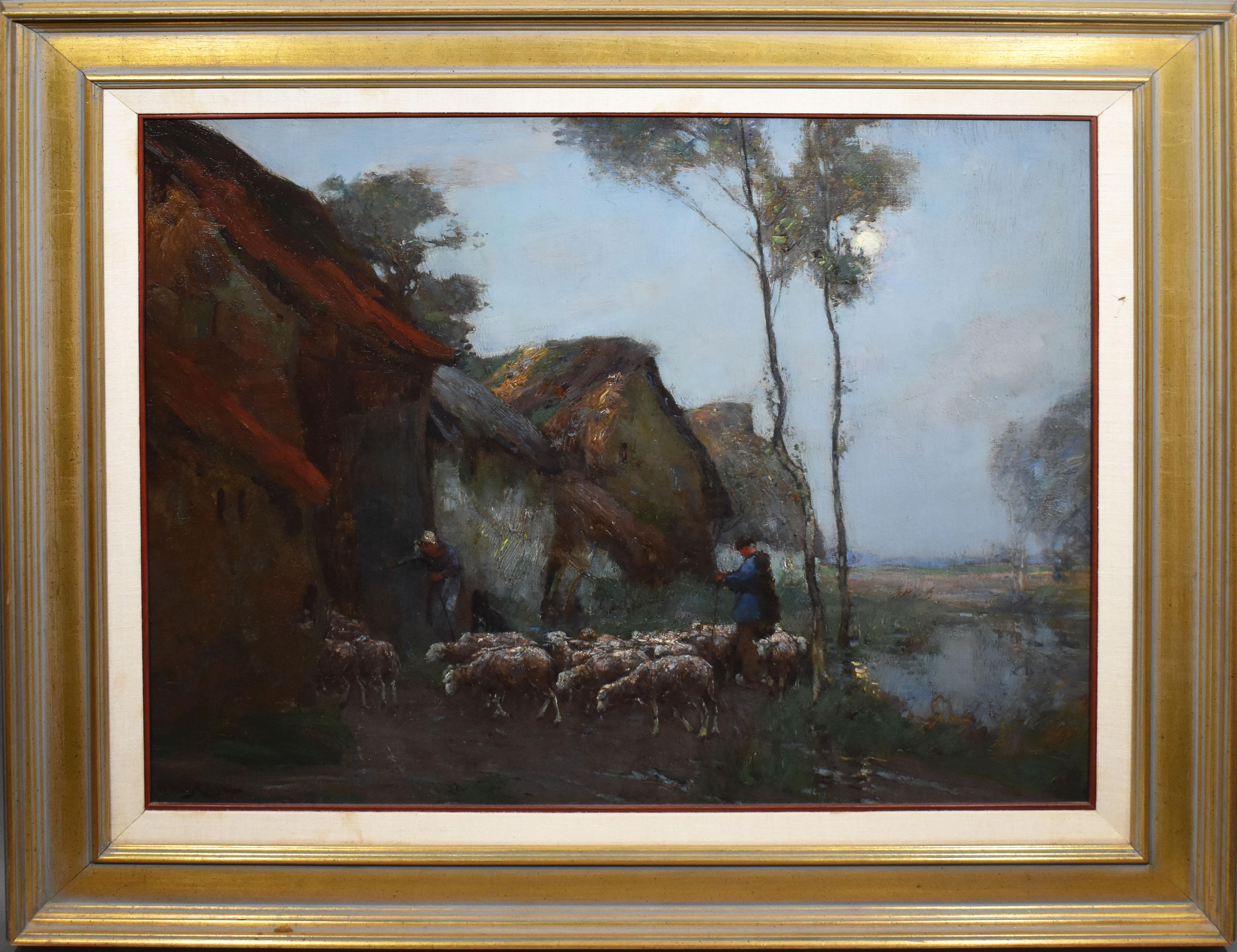 Unknown Landscape Painting - Antique Barbizon School Moonlit Sheepherding Landscape Signed Large Oil Painting