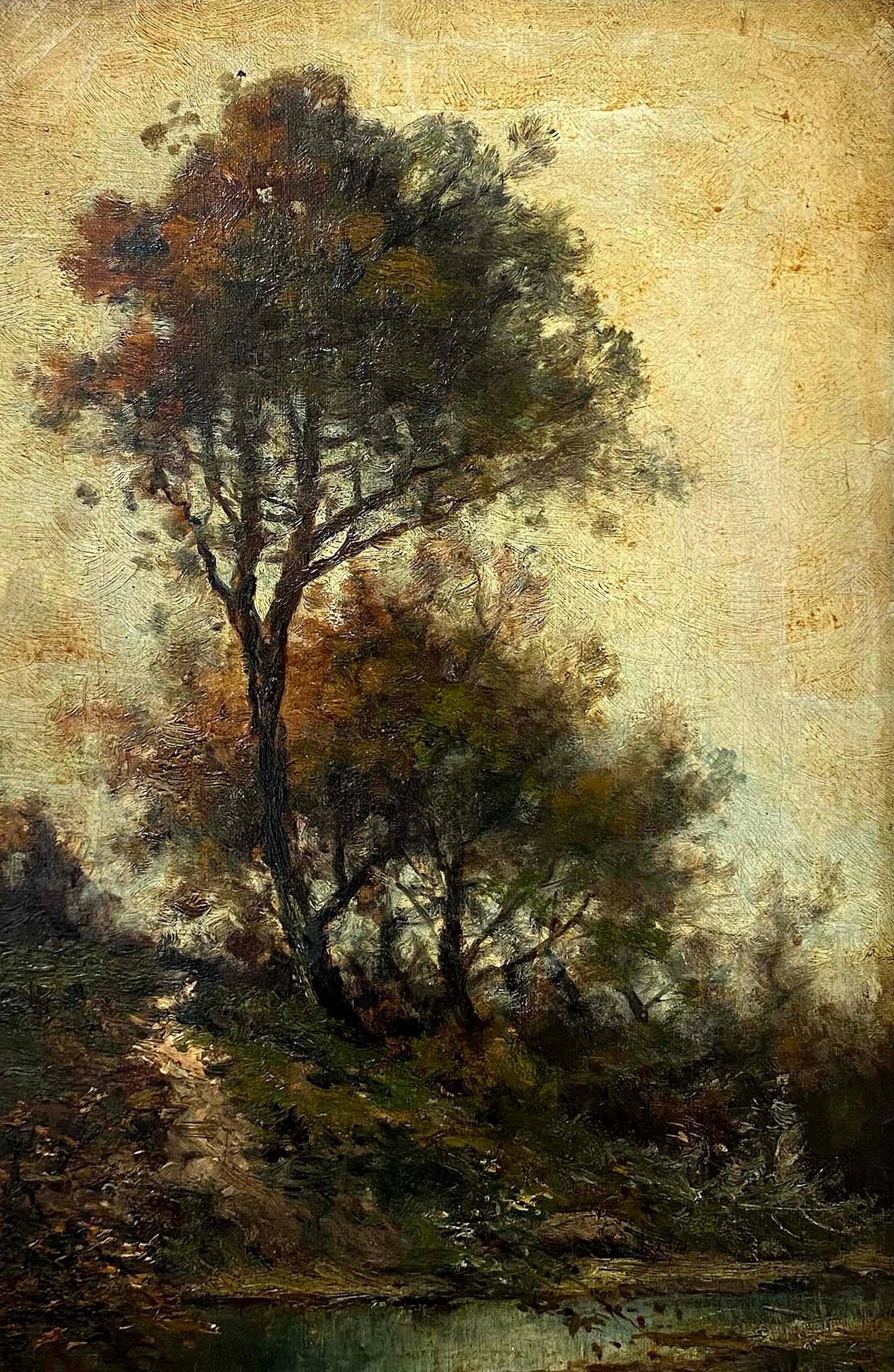 Peinture à l'huile ancienne de l'école de Barbizon avec cadre doré d'origine, couleurs riches, automne - Painting de Unknown