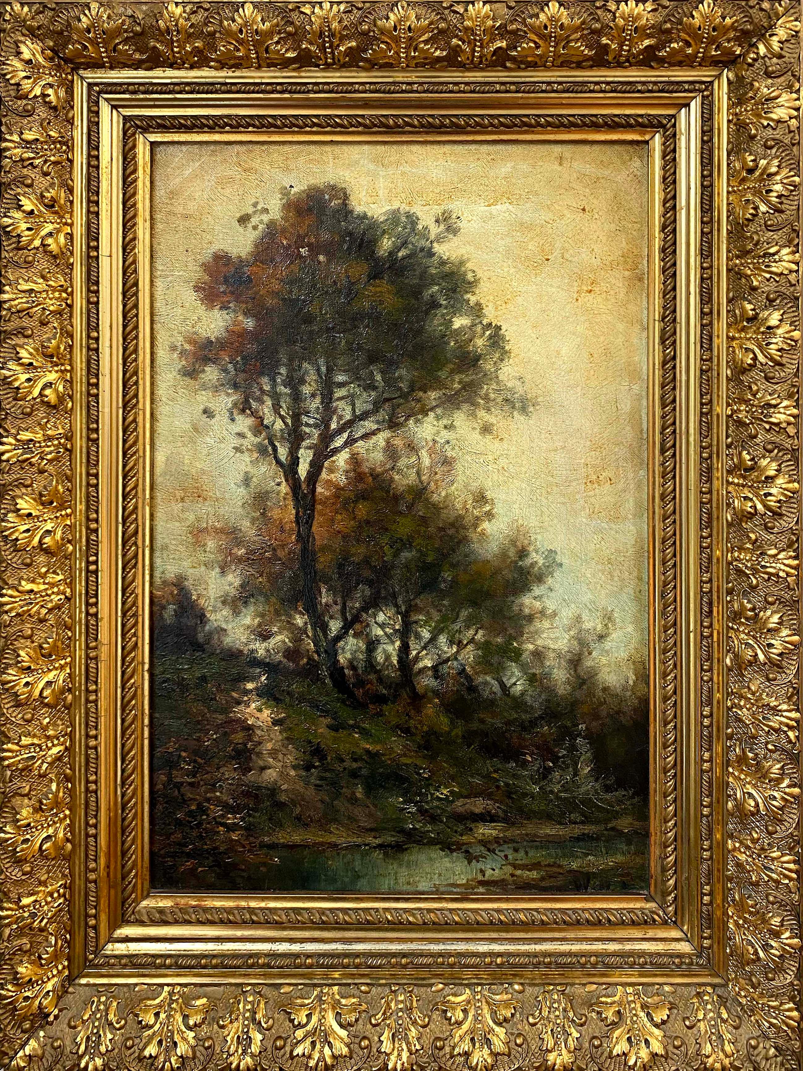 Landscape Painting Unknown - Peinture à l'huile ancienne de l'école de Barbizon avec cadre doré d'origine, couleurs riches, automne