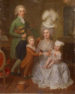 Antique Baroque painting. "The musician family" Early 18th century