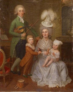 Antique Baroque painting.  "The musician family" Early 18th century