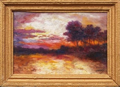Antique Blazing Sunset Landscape Framed Impressionist Signed Rare Oil Painting