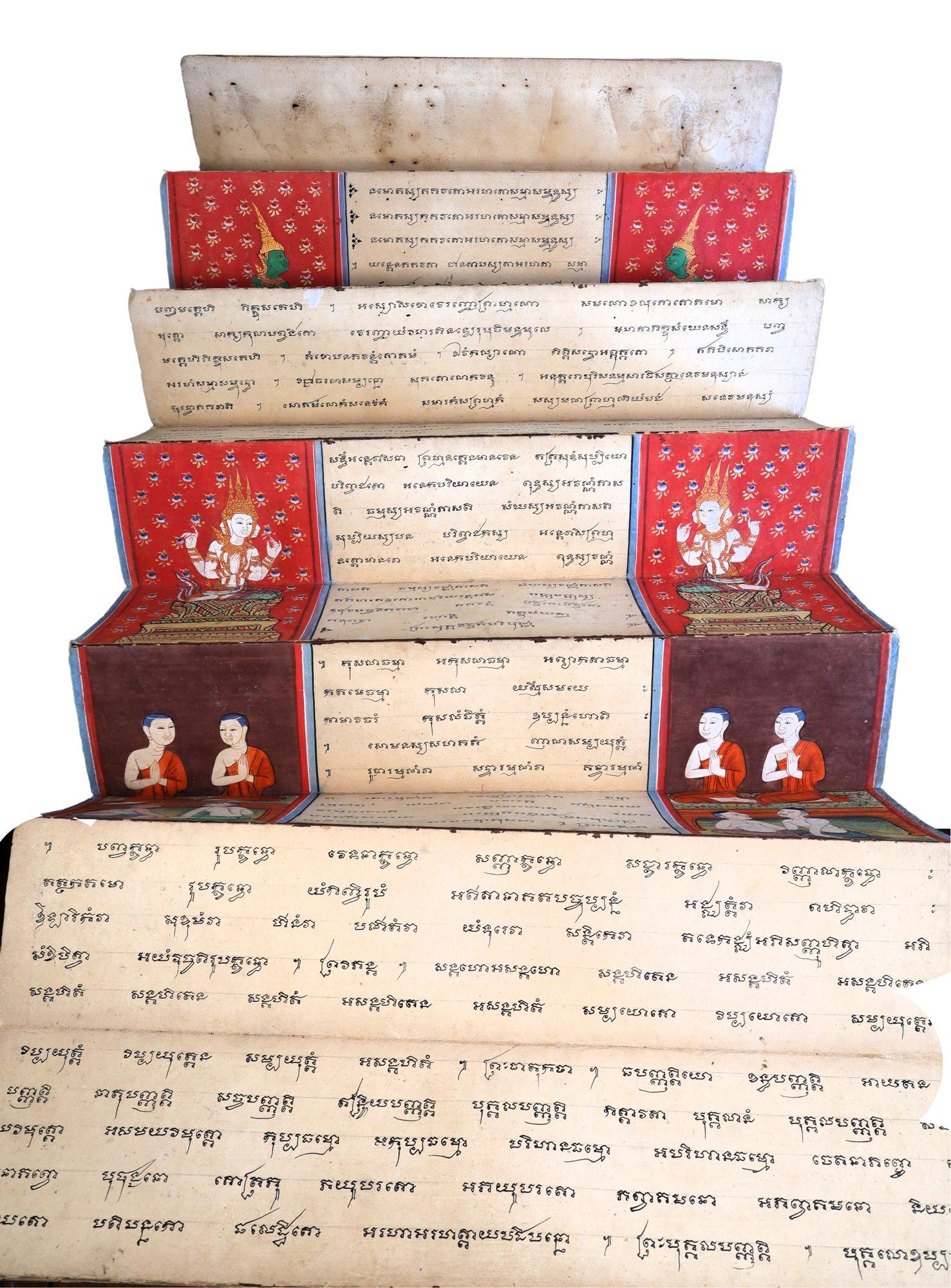 Seltenes illustriertes buddhistisches Phra Malai-Manuskript aus Thailand, Mitte des 19.

Faltbuch im Samut-Khoi-Akkordeon-Stil mit lackiertem Papiereinband, das die Legende des buddhistischen Mönchs Phra Malai erzählt und in Siam - dem heutigen