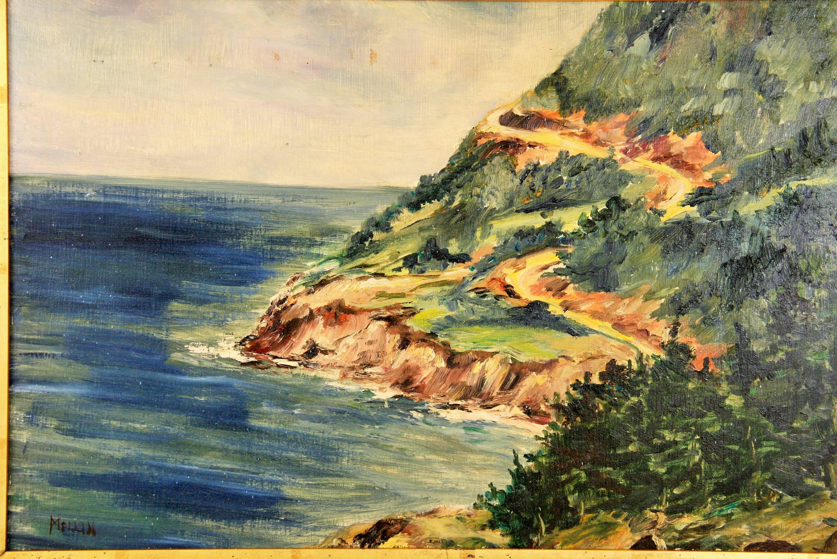 Antike kalifornische Küstenlandschafts-Landschaftslandschaft  Gemälde um 1940 – Painting von Unknown