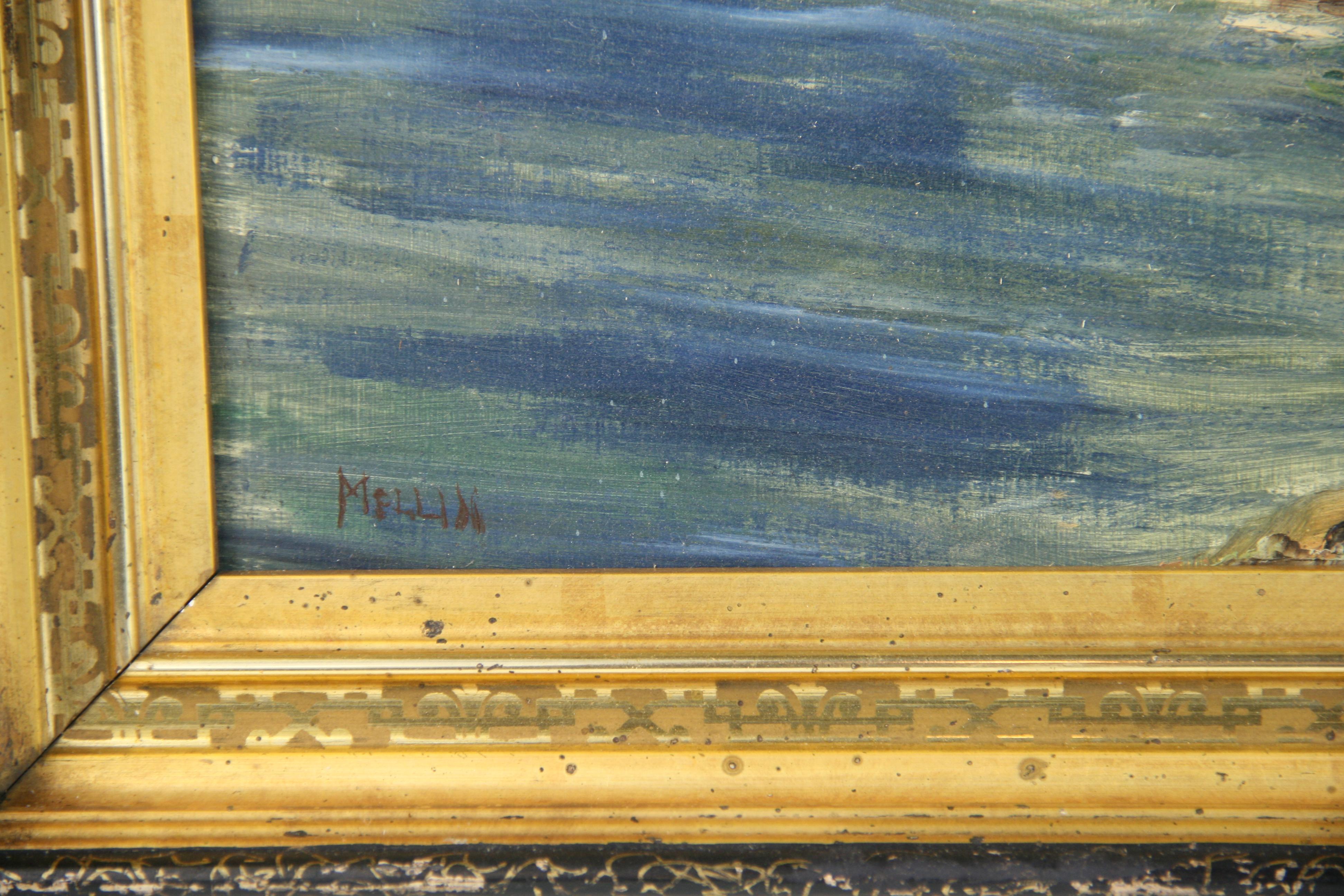 #5-2751  California seascape  oil on masonite displayed in an 19 century  antique gitl -black wood frame,signed lower left by Mellin.
Image size 11 H x 17 W