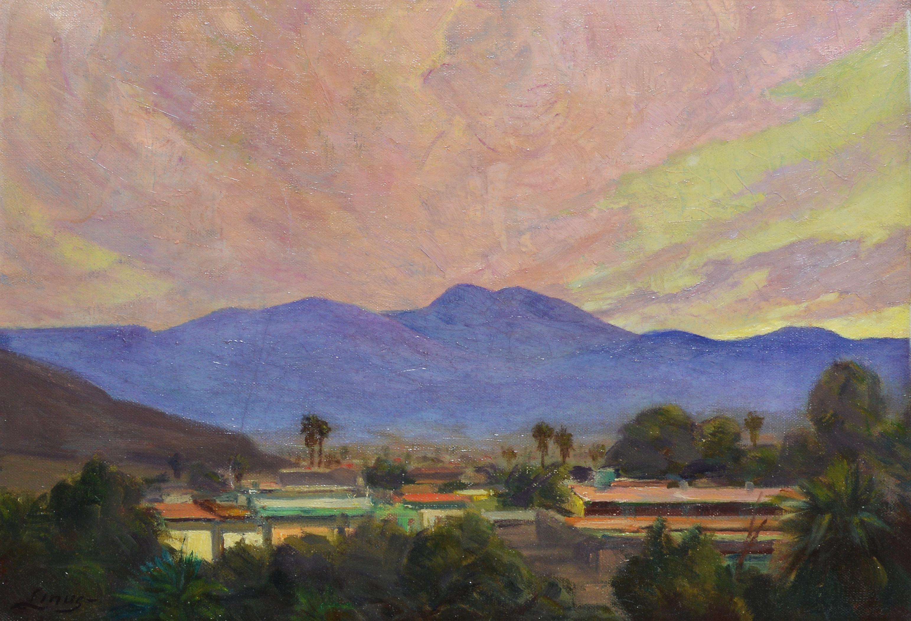 Antique California Desert Valley Sunset Oil Painting by Axel Linus - Gray Landscape Painting by Unknown