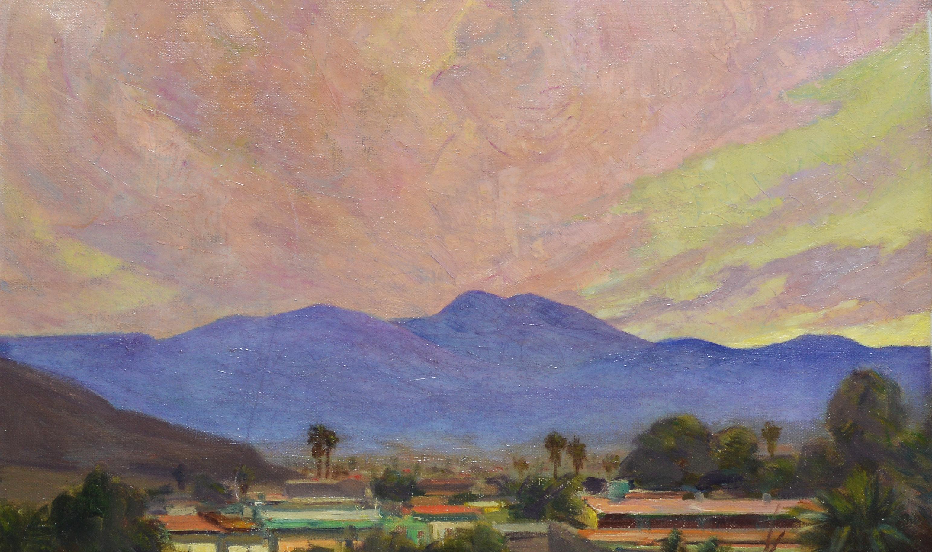 Antique impressionist oil painting of a California sunset by Axel Linus  (1885 - 1980).  Oil on canvas, circa 1940. Signed.  Displayed in a period giltwood frame.  Image, 16