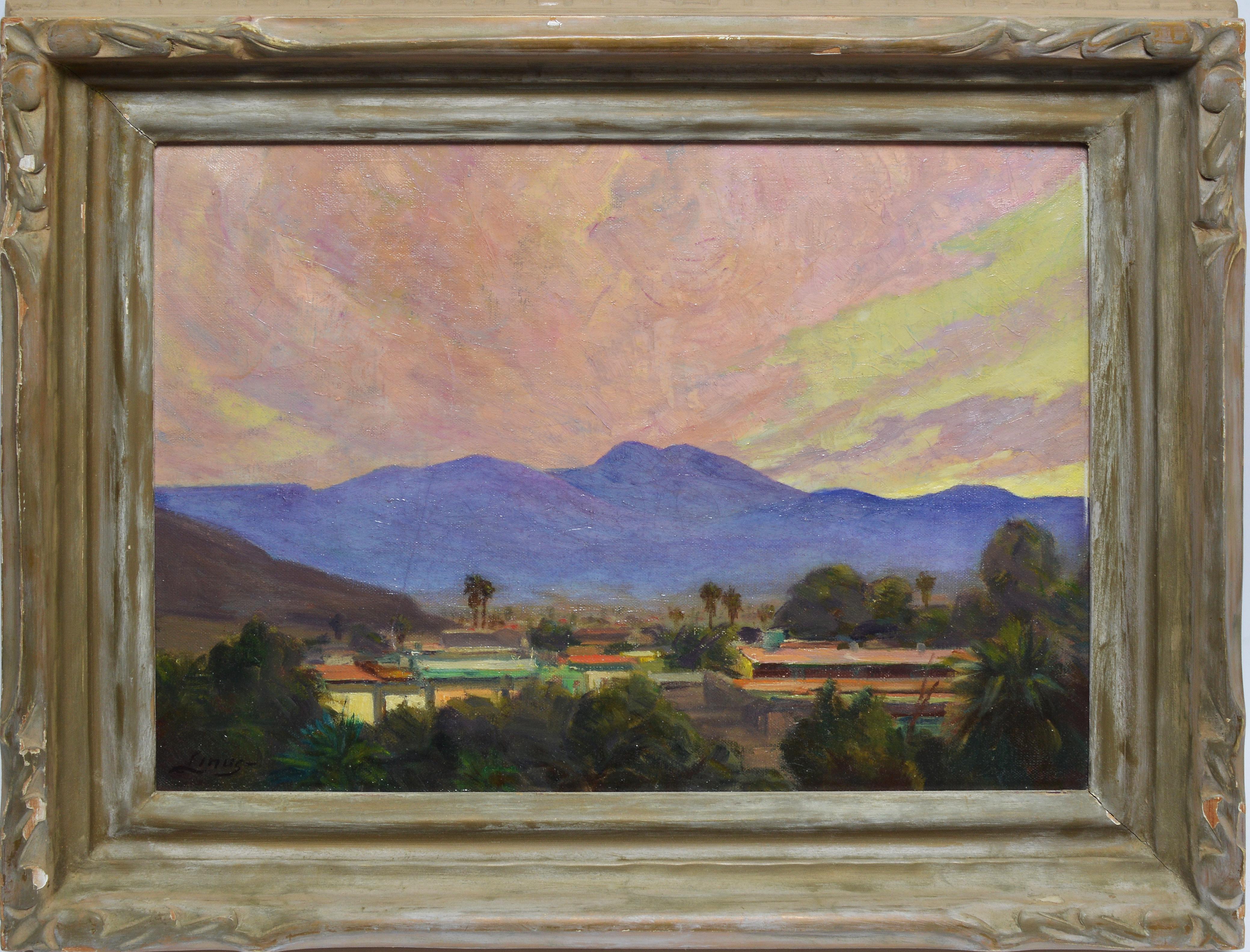 Unknown Landscape Painting - Antique California Desert Valley Sunset Oil Painting by Axel Linus