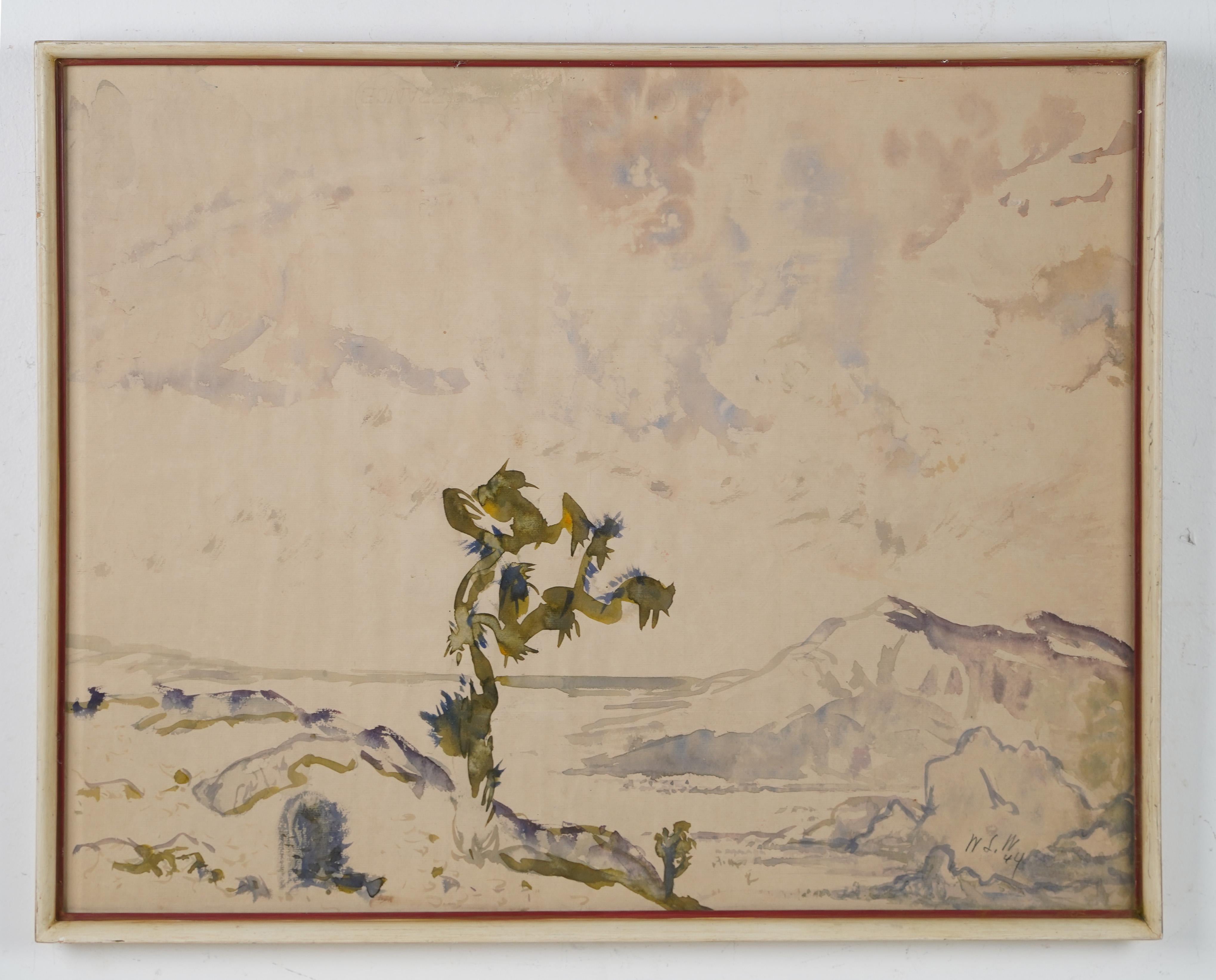 Antique American impressionist landscape painting. Watercolor on paper, circa 1944.  Housed in a period frame.  Image size, 23.75L x 18.75H. 
