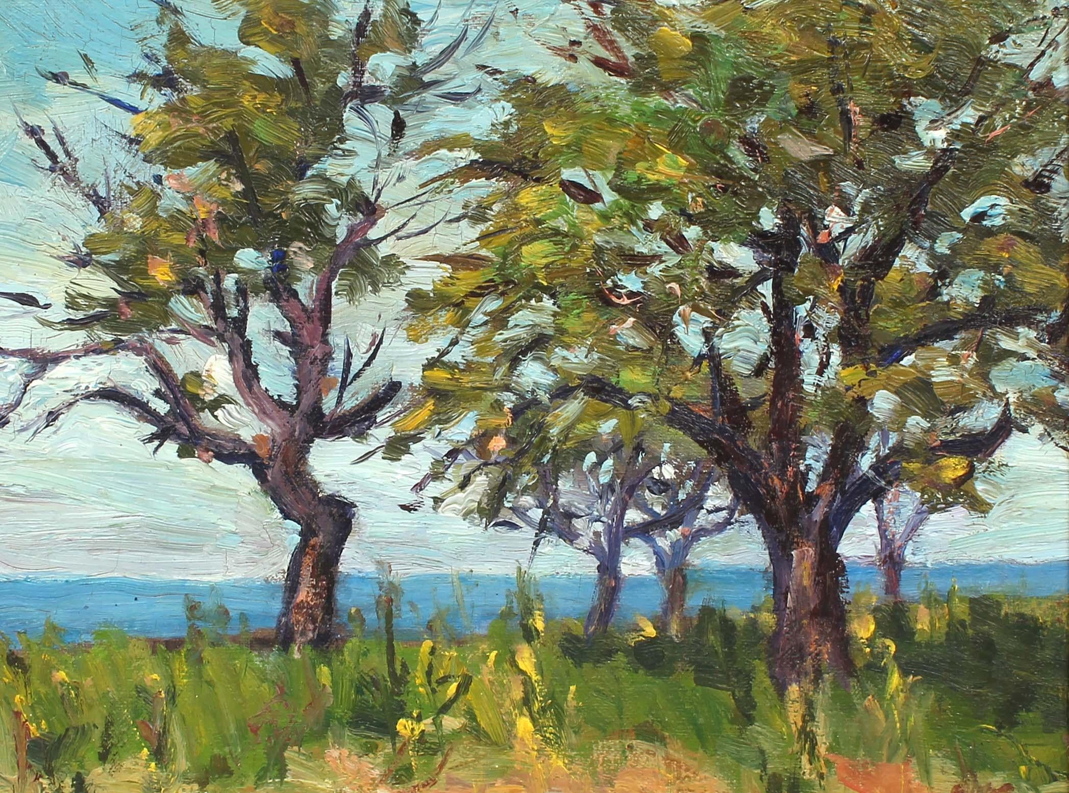 Antico dipinto a olio modernista canadese Hamilton Bright con cornice blu e verde del 20° secolo - Painting di Unknown