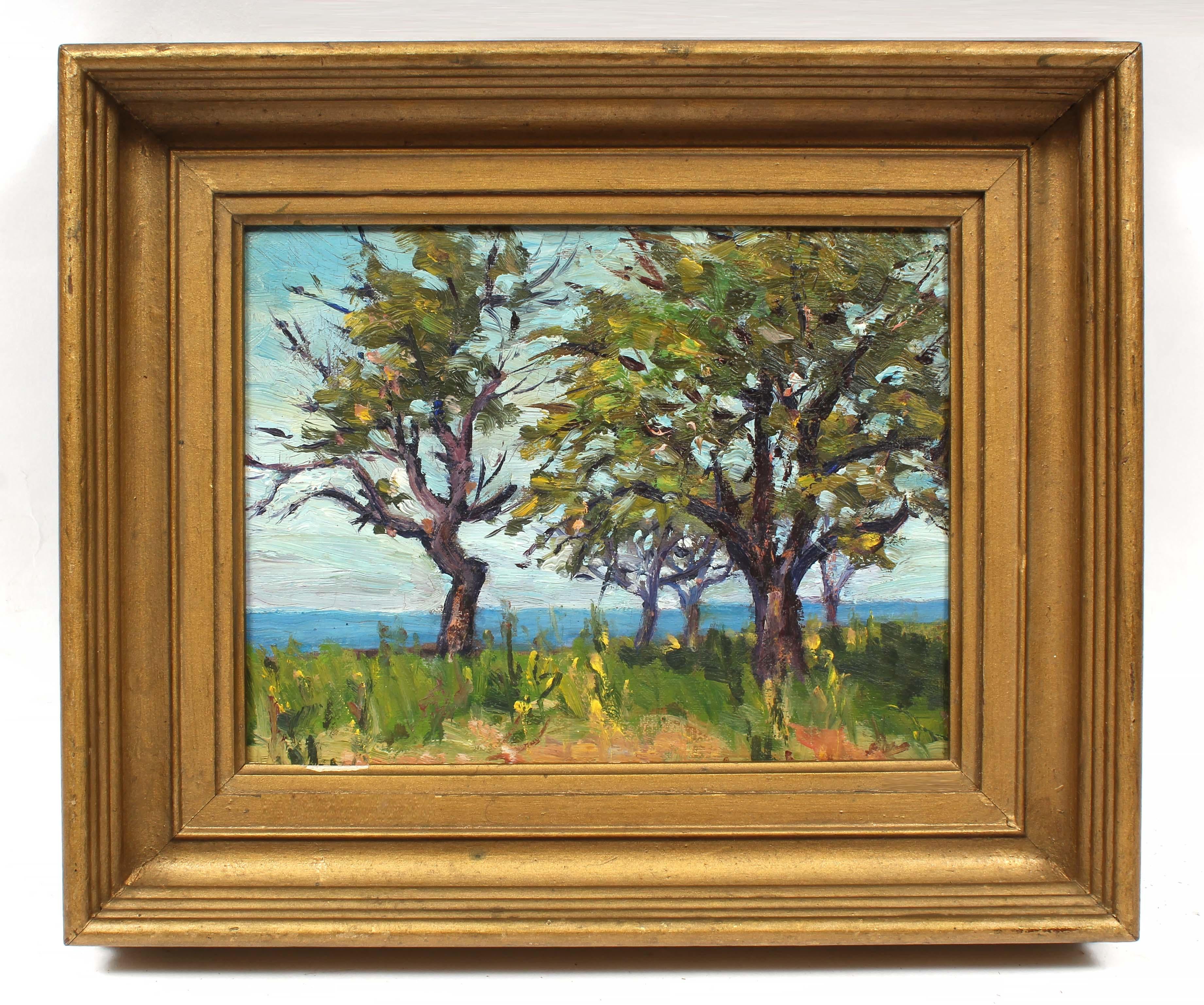 Landscape Painting di Unknown - Antico dipinto a olio modernista canadese Hamilton Bright con cornice blu e verde del 20° secolo